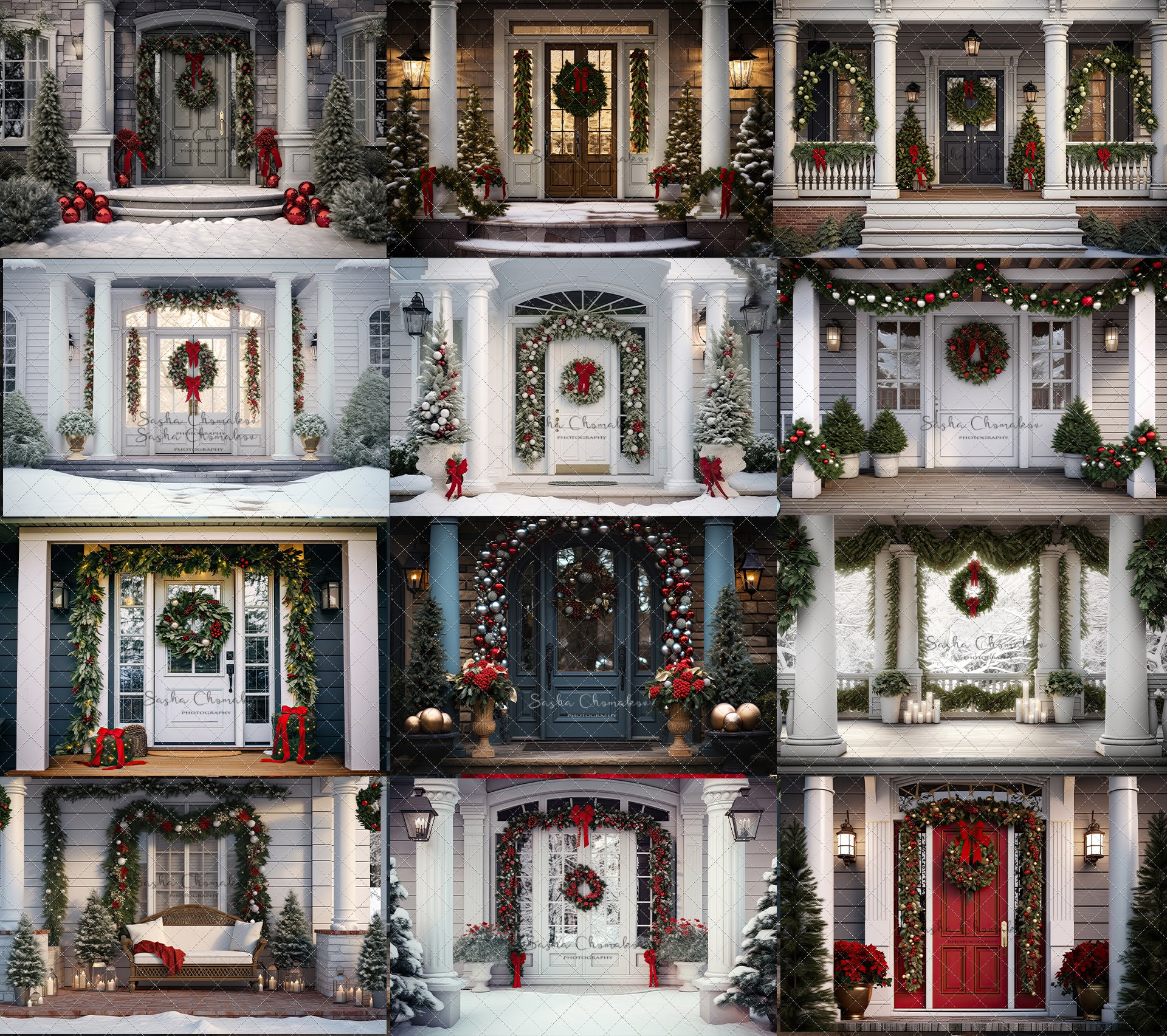 Digital backgrounds Ai generated Christmas front doors set 3