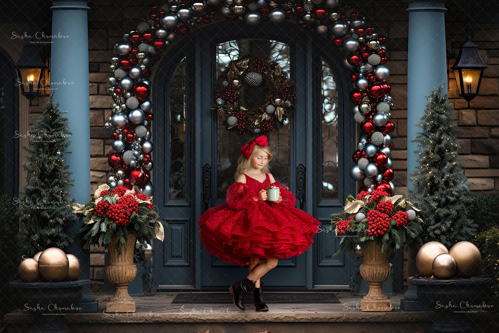 Digital backgrounds Ai generated Christmas front doors set 3