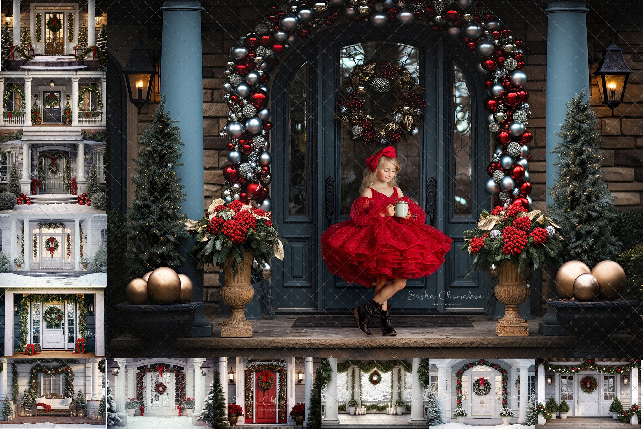Digital backgrounds Ai generated Christmas front doors set 3