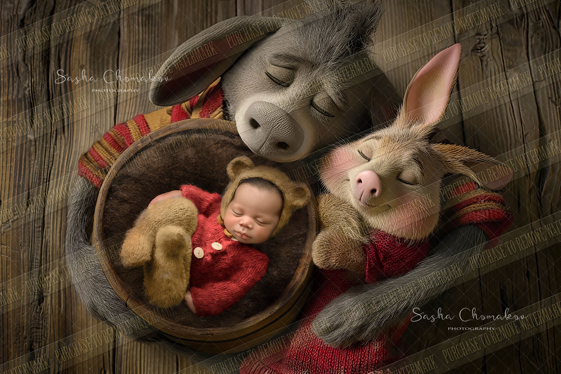 Digital background Donkey and Piglet overhead hugging a bowl Ai generated