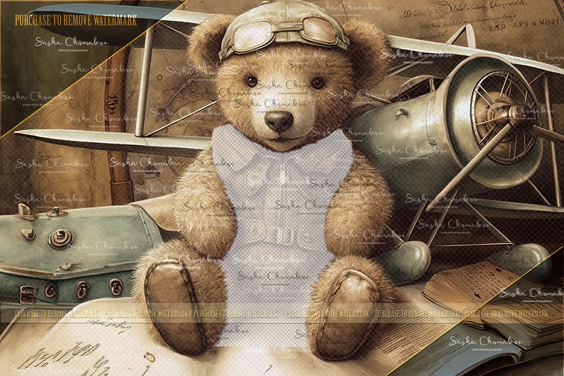 Digital  backgrounds hand painted bear pilot Ai generated