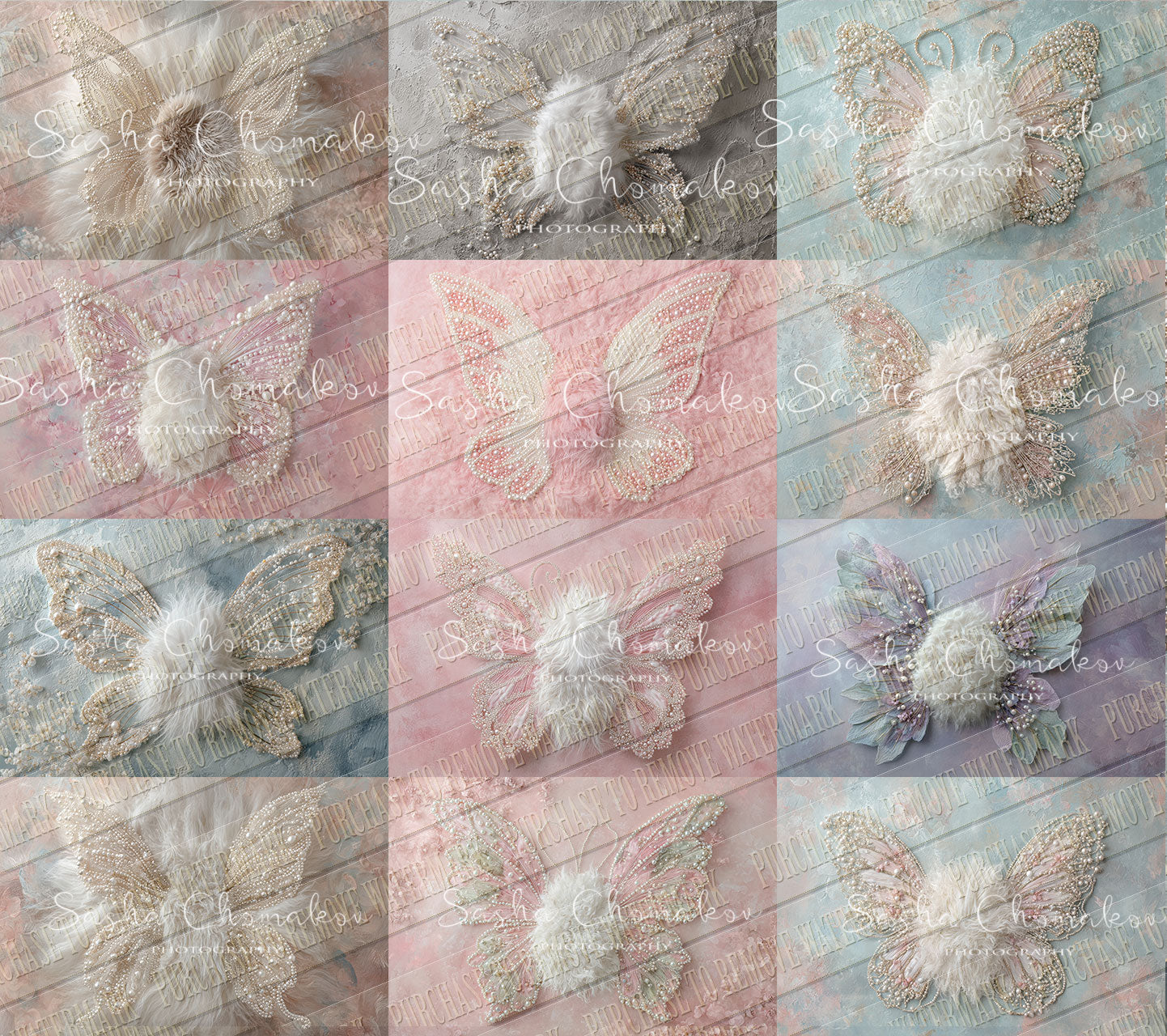 12 Digital backgrounds Ai generated pearls butterflies