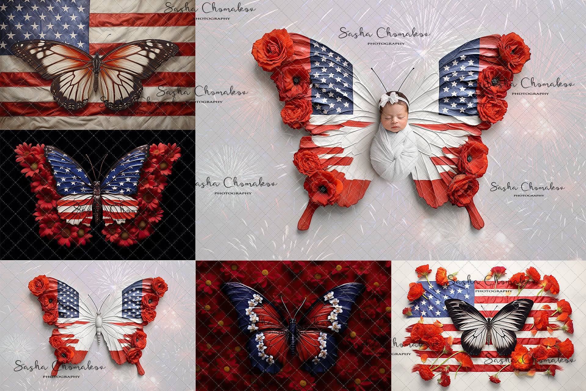Digital backgrounds Independence day patriotic butterflies USA set 1 Ai generated