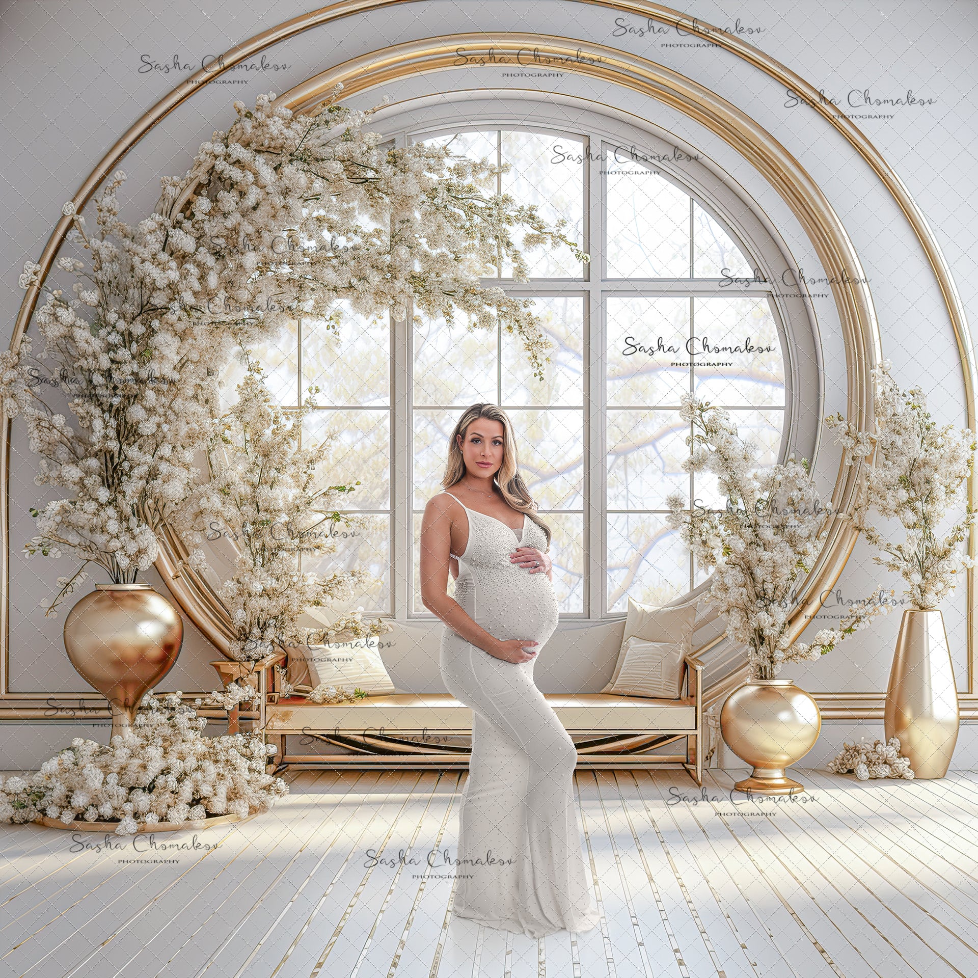 Digital Backdrops Ai generated back lit white gold floral rings , wreaths