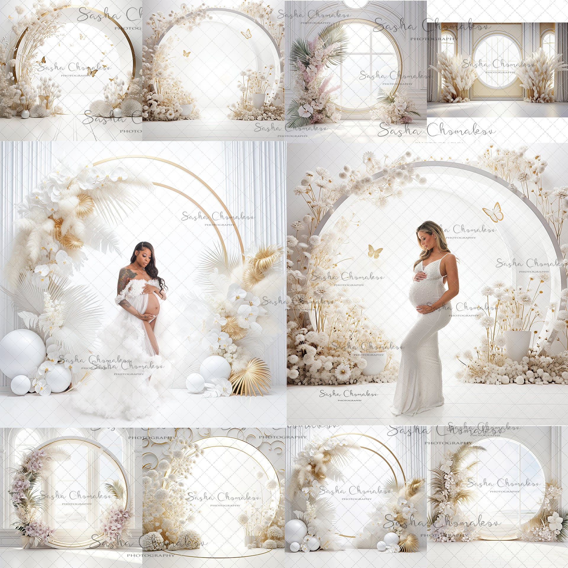 Digital Backdrops Ai generated boho back lit white gold floral rings or windows , wreaths