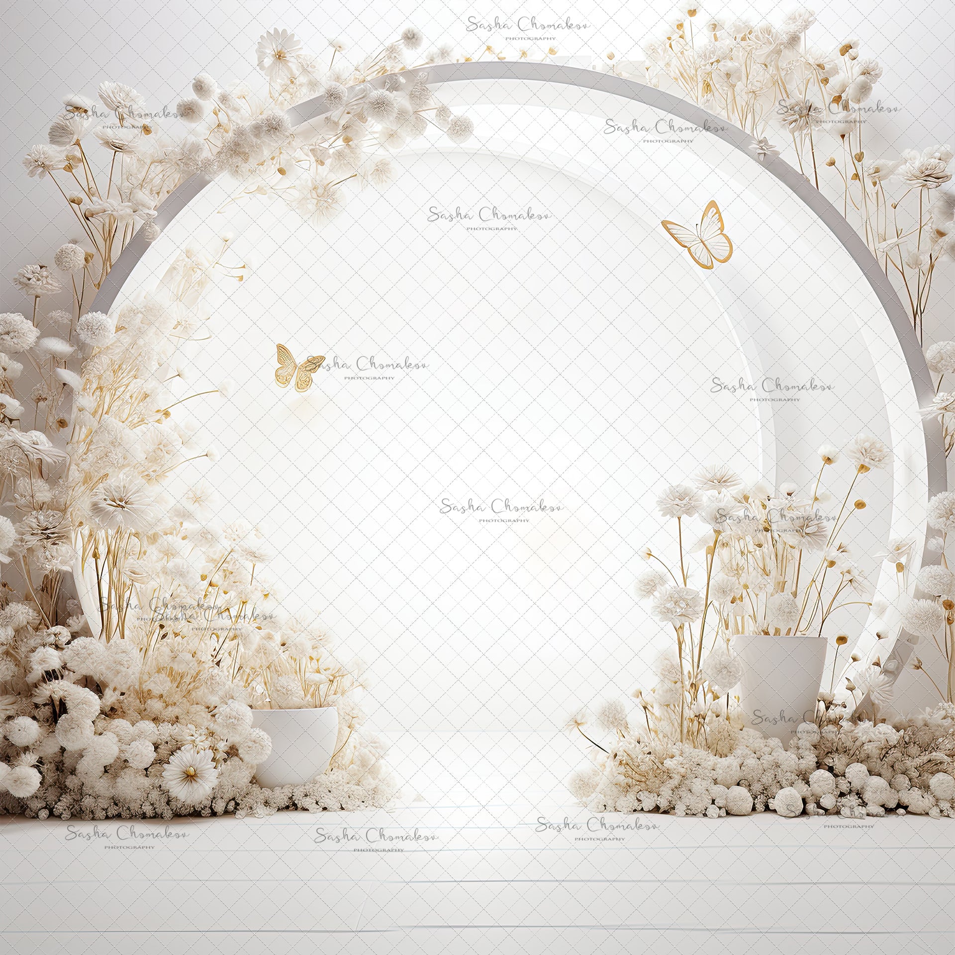 Digital Backdrops Ai generated boho back lit white gold floral rings or windows , wreaths
