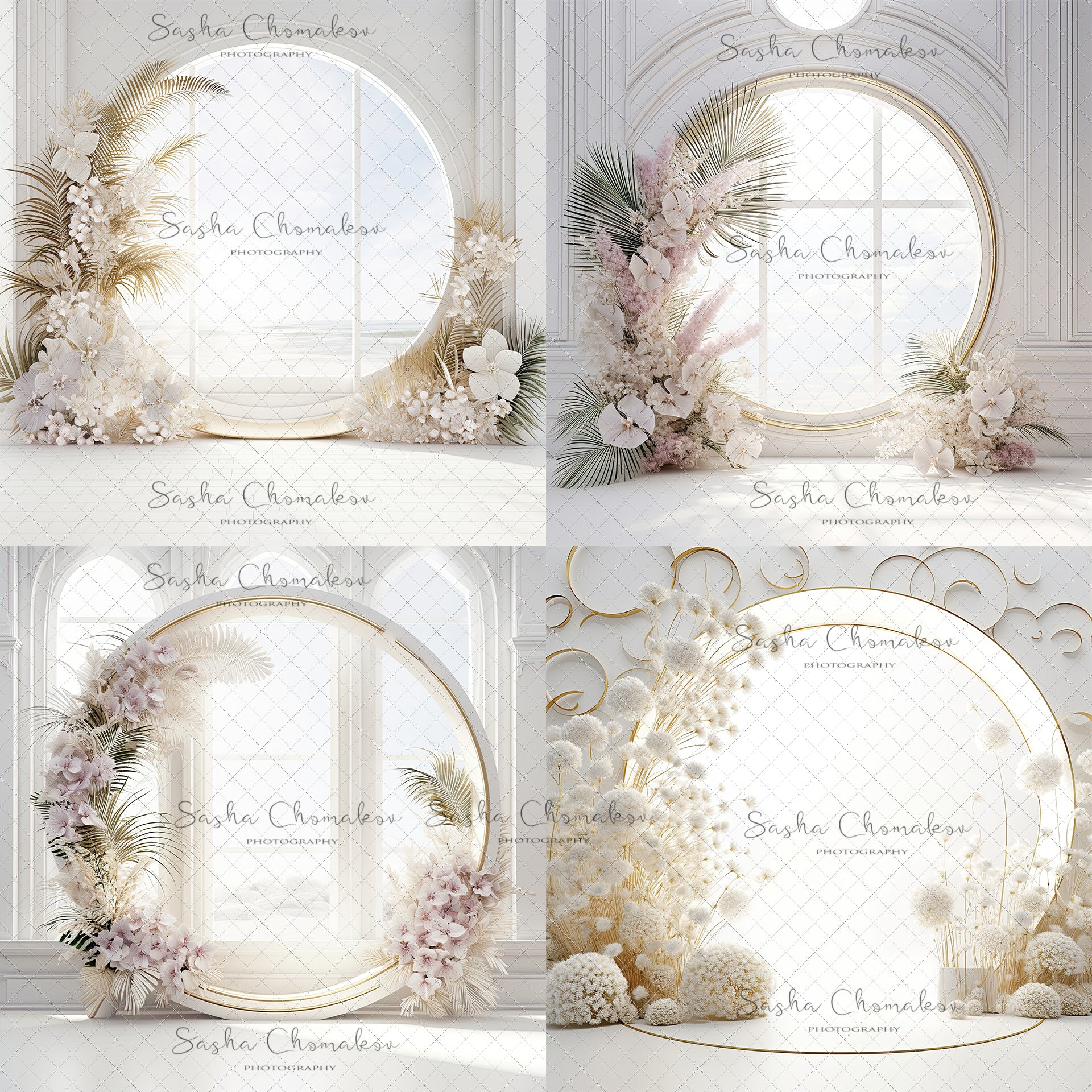 Digital Backdrops Ai generated boho back lit white gold floral rings or windows , wreaths
