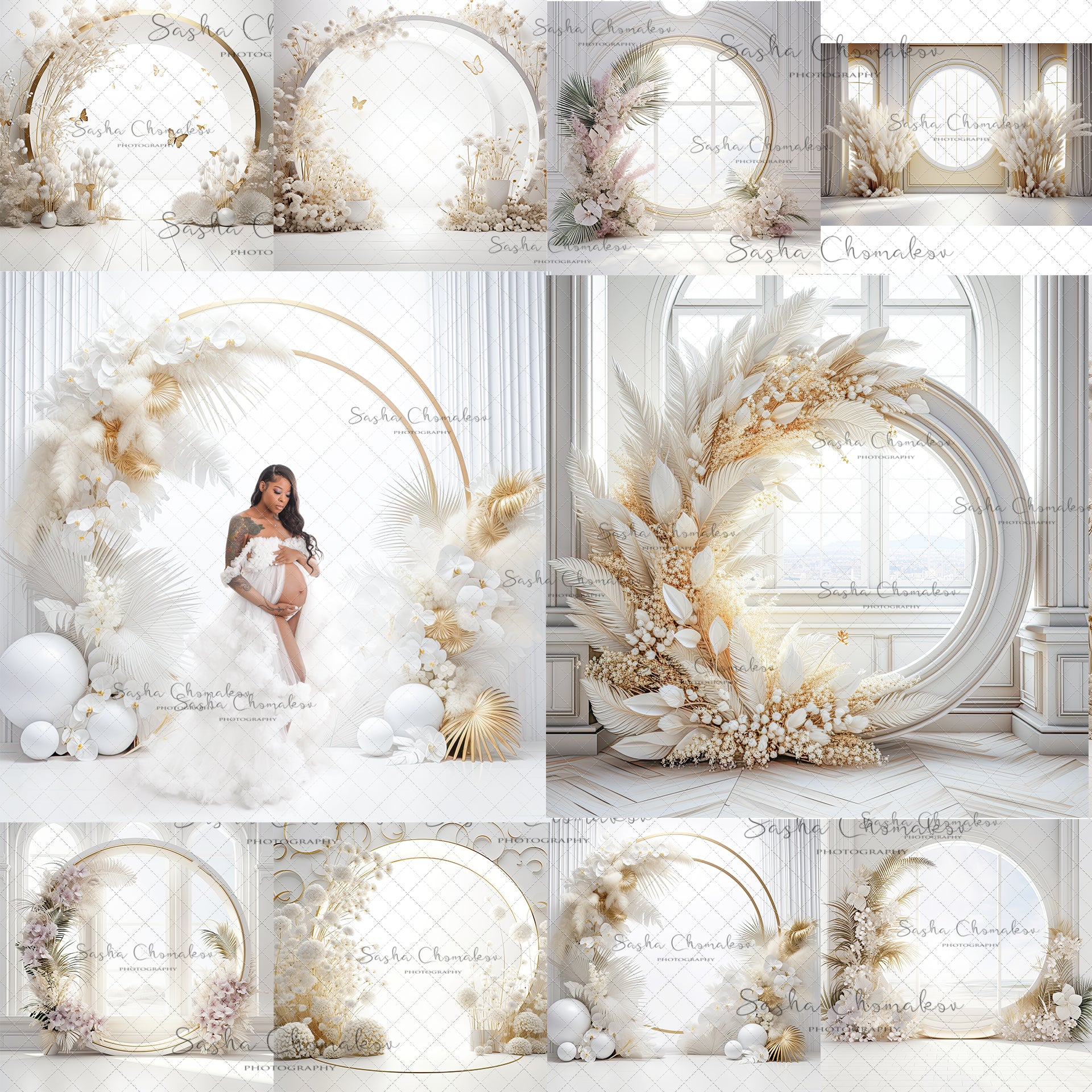 Digital Backdrops Ai generated boho back lit white gold floral rings or windows , wreaths