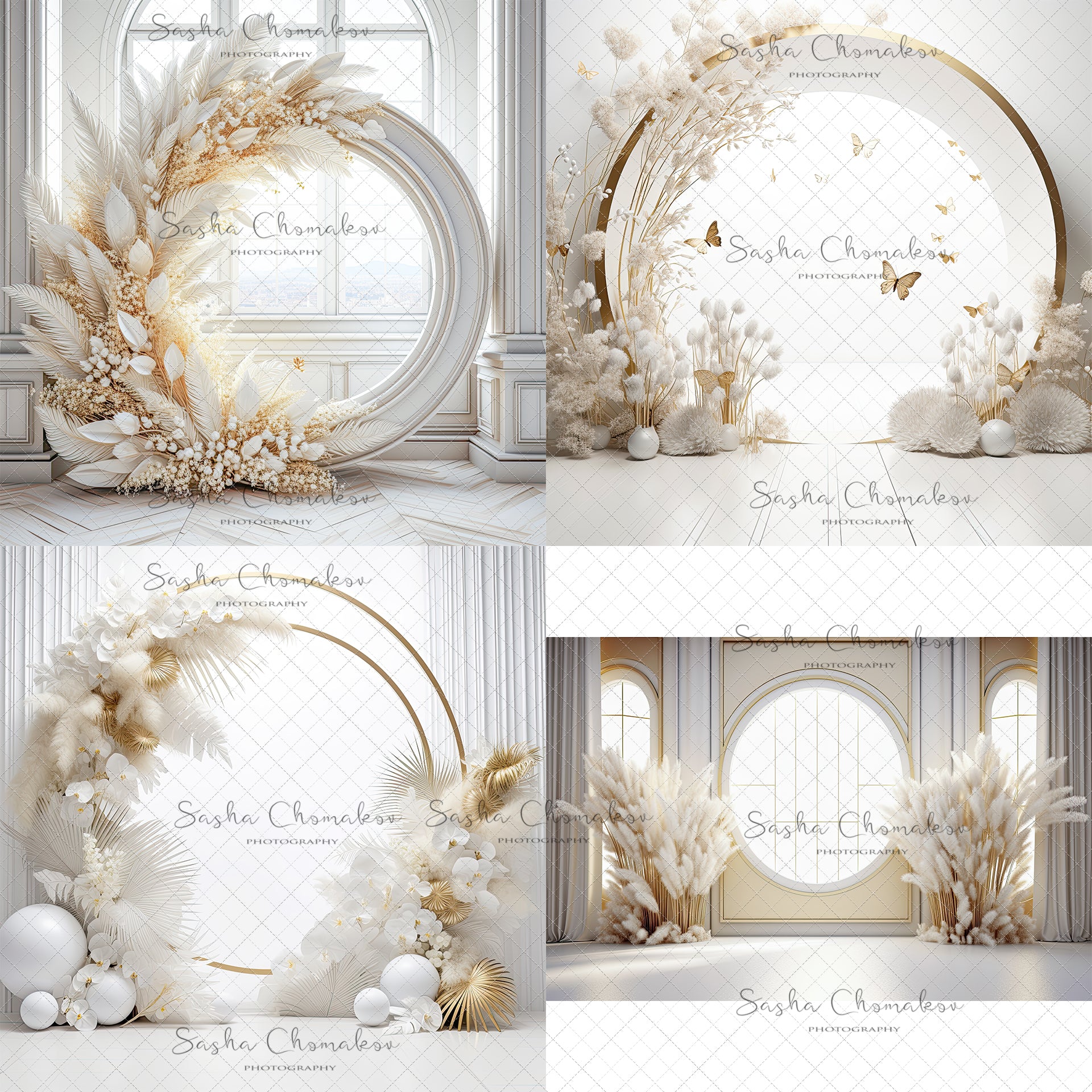 Digital Backdrops Ai generated boho back lit white gold floral rings or windows , wreaths