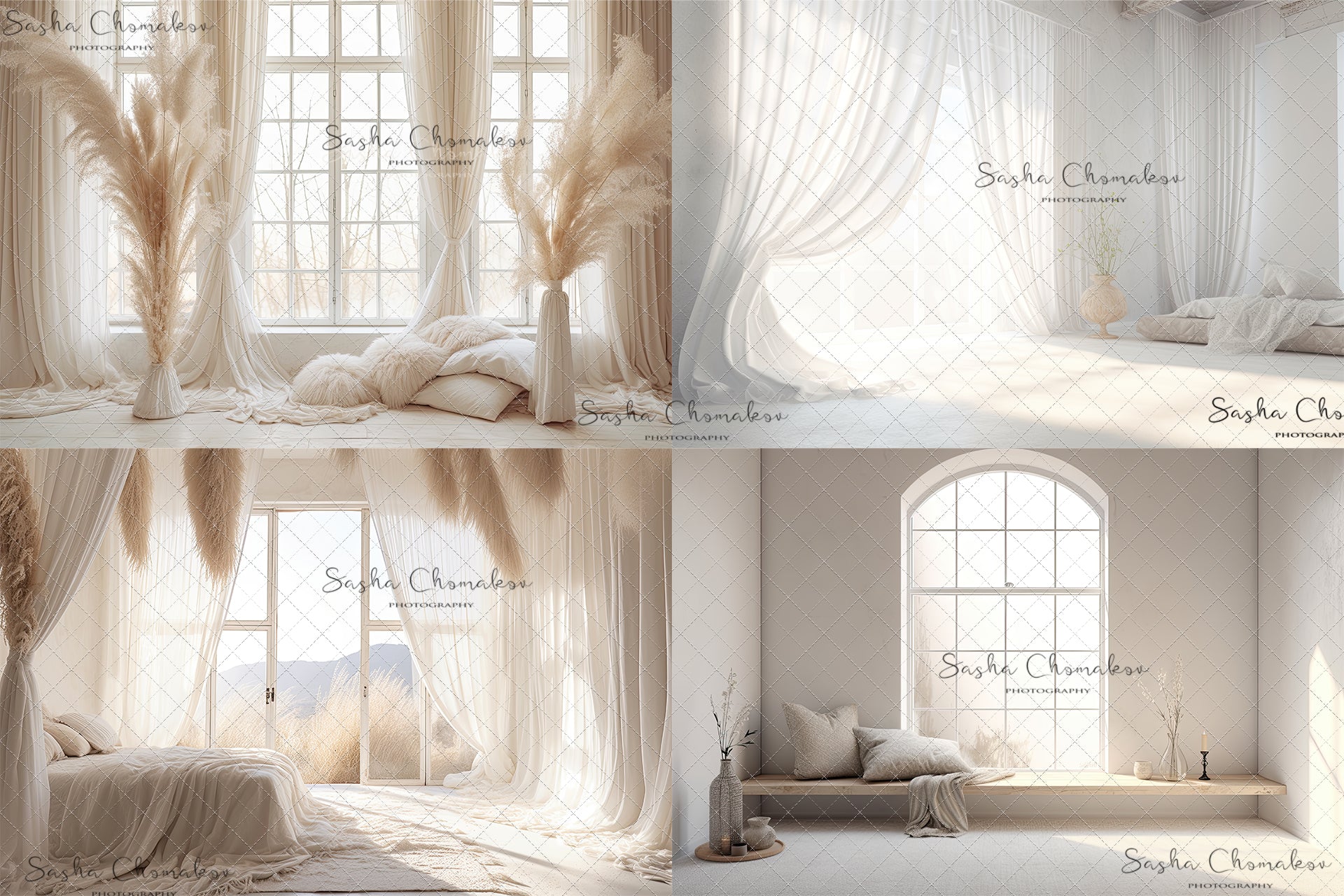 Digital backgrounds white cream boho bedrooms 1 Ai generated
