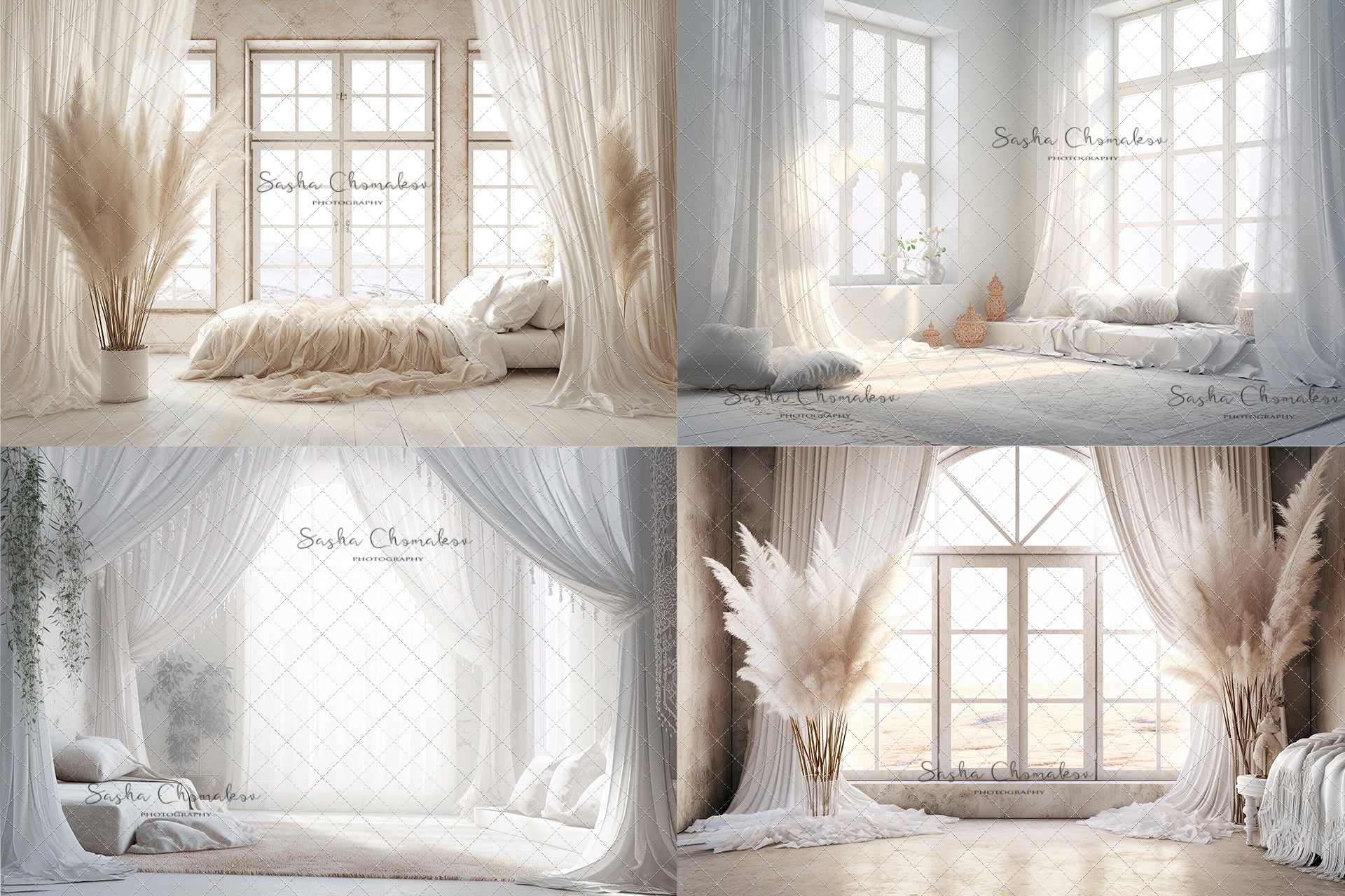 Digital backgrounds white cream boho bedrooms 2 Ai generated