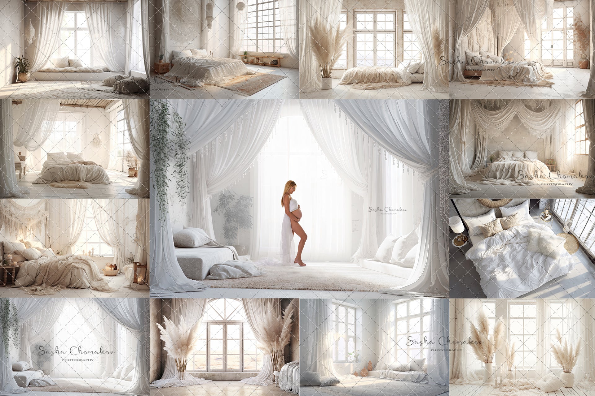 Digital backgrounds white cream boho bedrooms 2 Ai generated