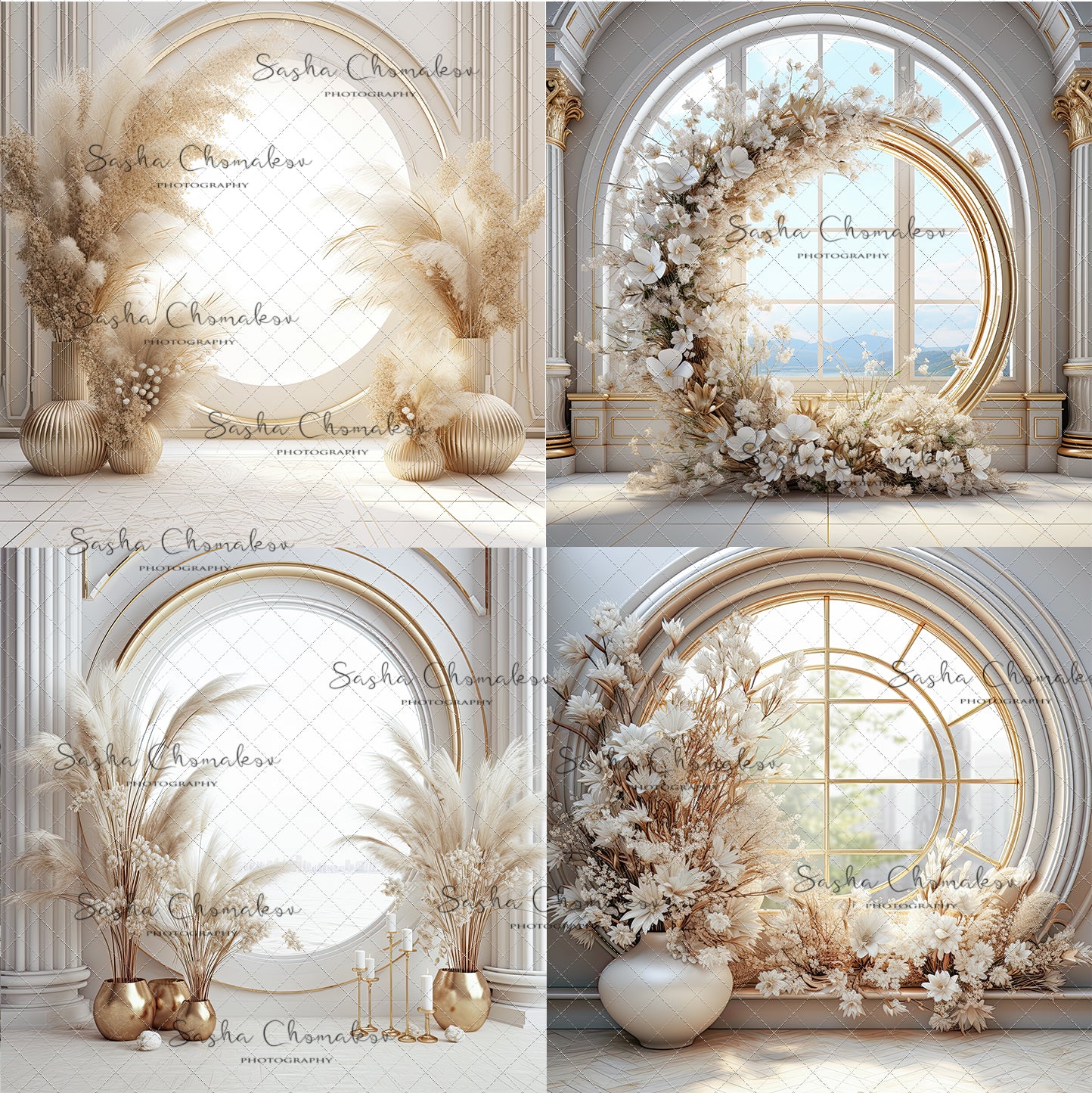 Digital Backdrops Ai generated back lit white gold floral rings , wreaths
