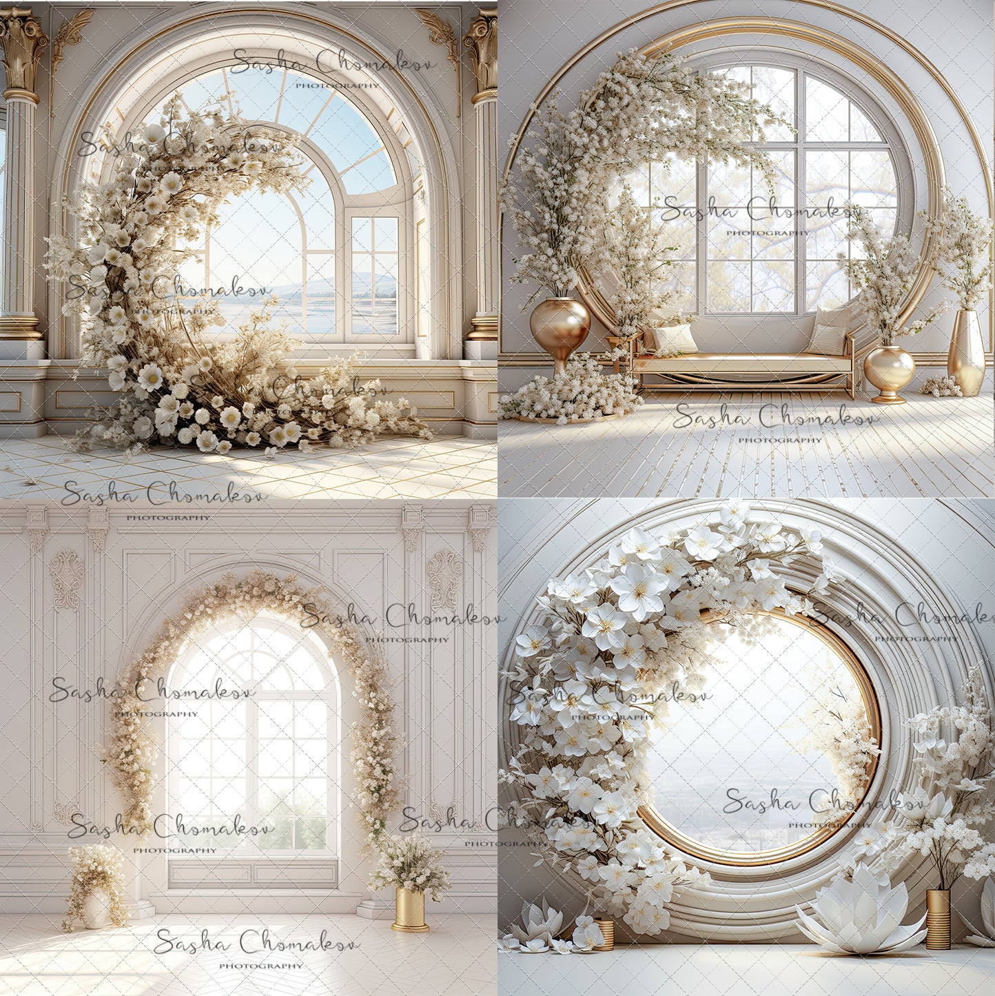 Digital Backdrops Ai generated back lit white gold floral rings , wreaths