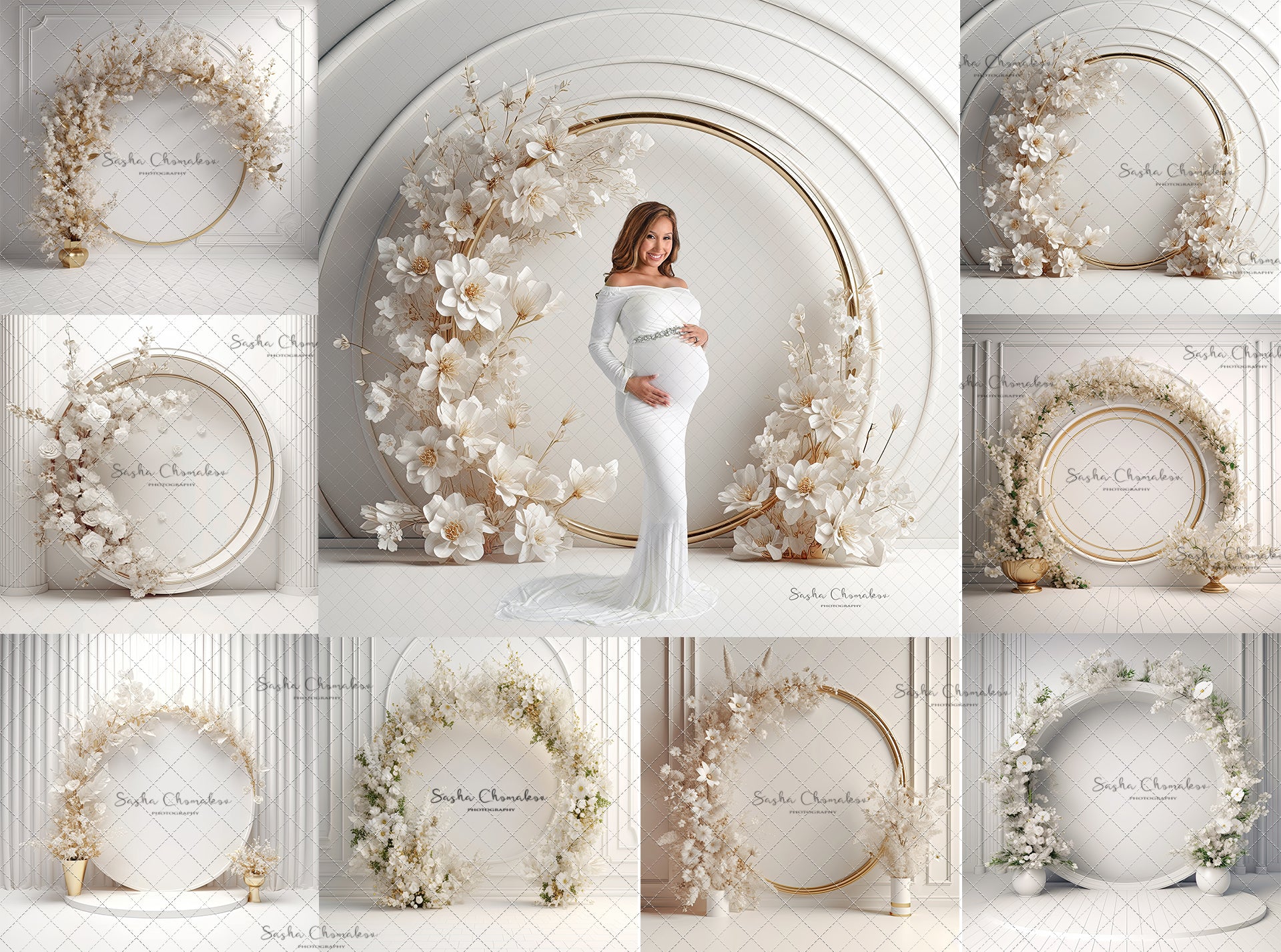 Digital Backdrops Ai generated side lit white gold floral rings , wreaths