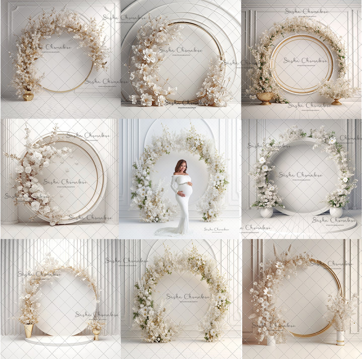 Digital Backdrops Ai generated side lit white gold floral rings , wreaths