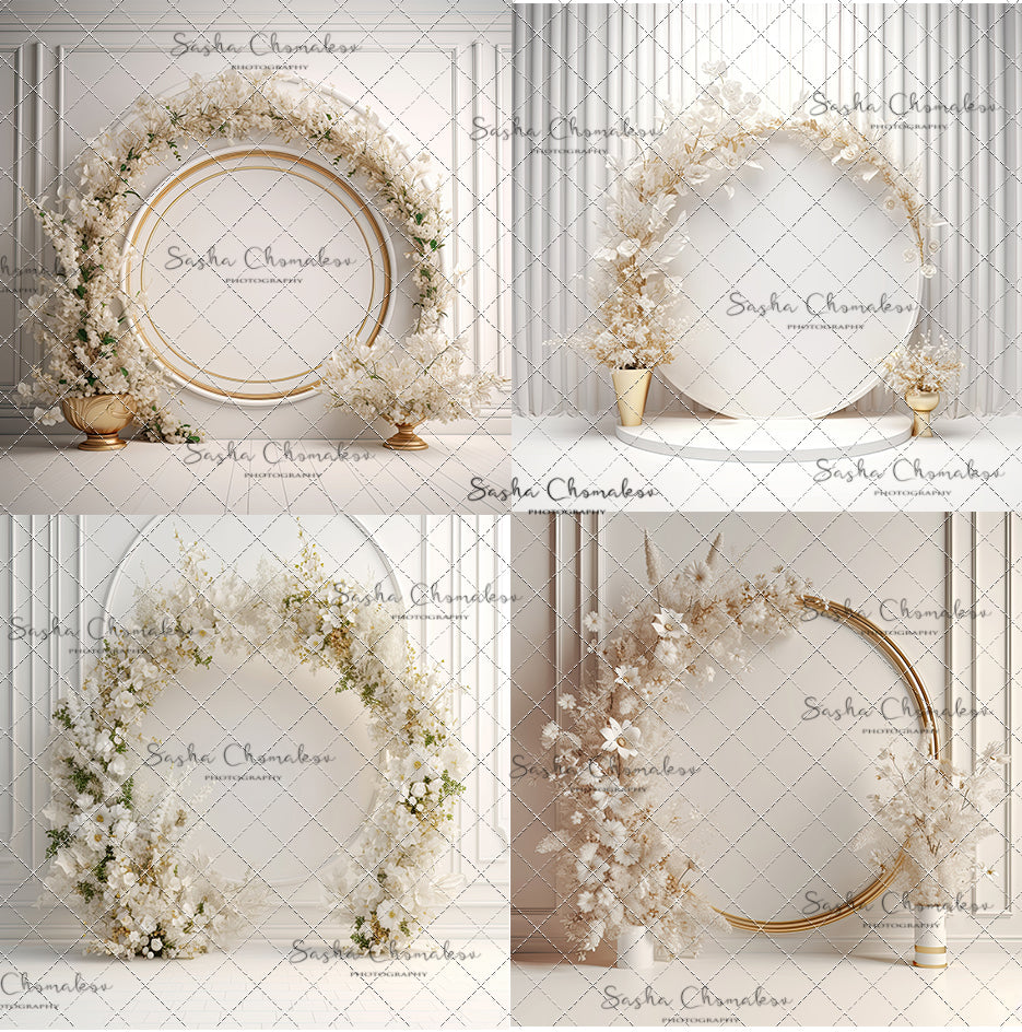 Digital Backdrops Ai generated side lit white gold floral rings , wreaths