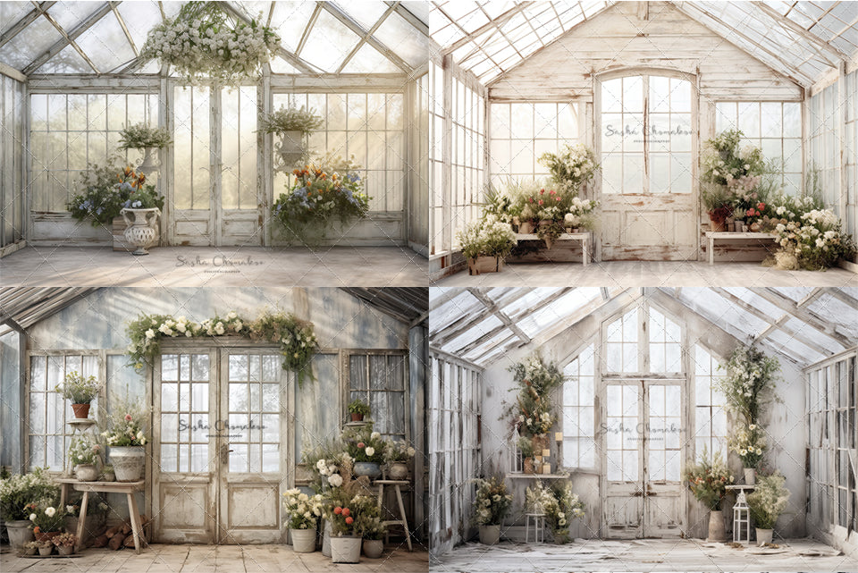Digital background white vintage greenhouse 1 Ai generated