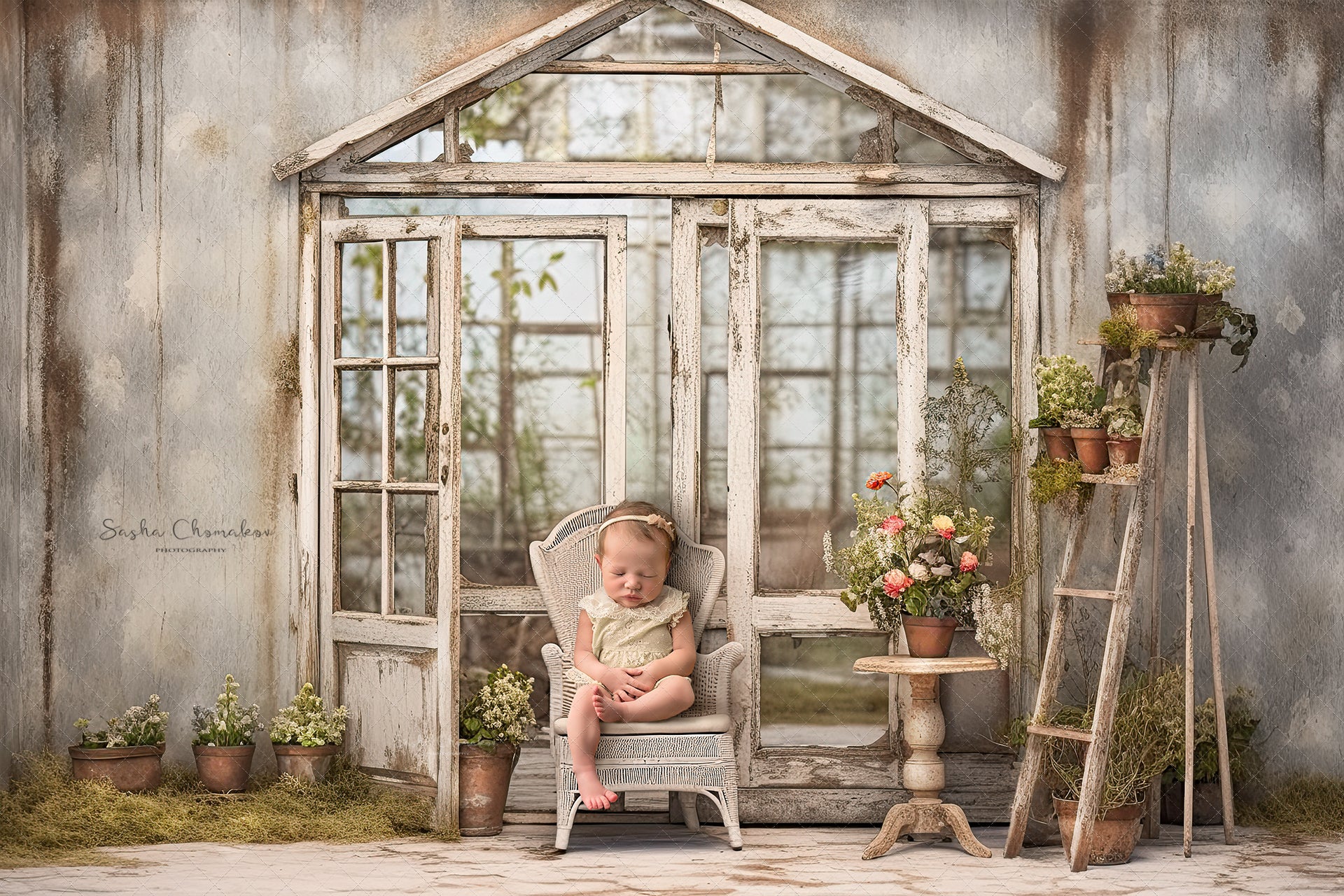 Digital background white vintage greenhouse 4 Ai generated