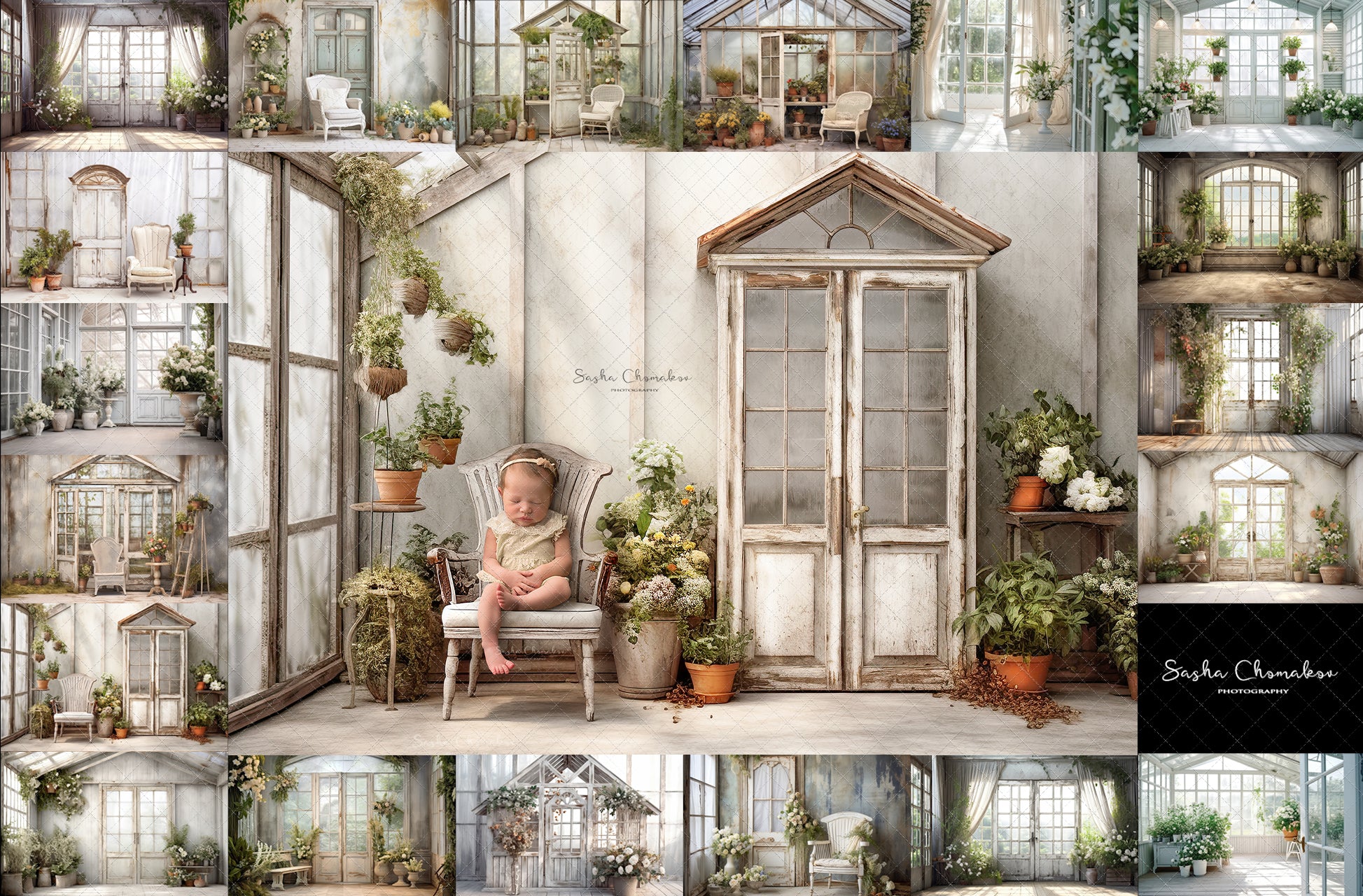 Digital background white vintage greenhouse 4 Ai generated