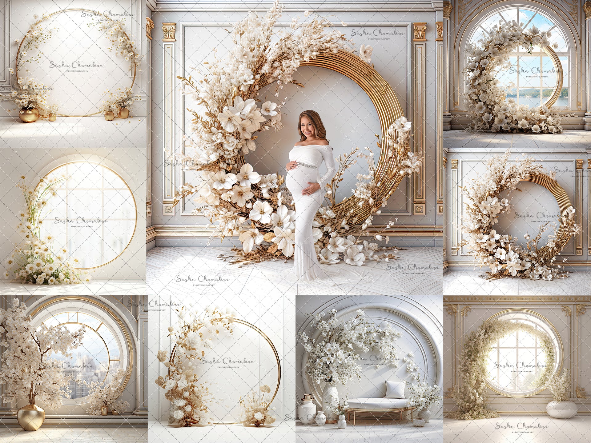 Digital Backdrops Ai generated mixed light white gold floral rings , wreaths