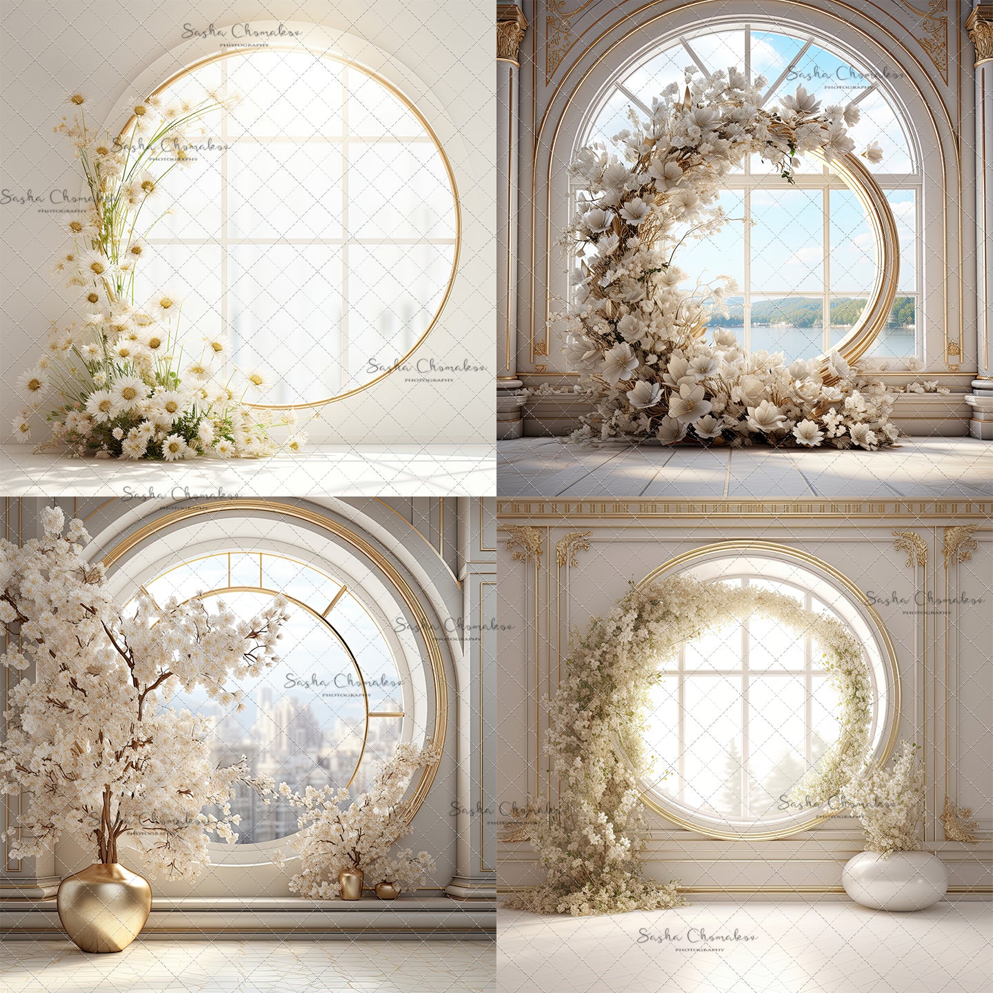 Digital Backdrops Ai generated mixed light white gold floral rings , wreaths