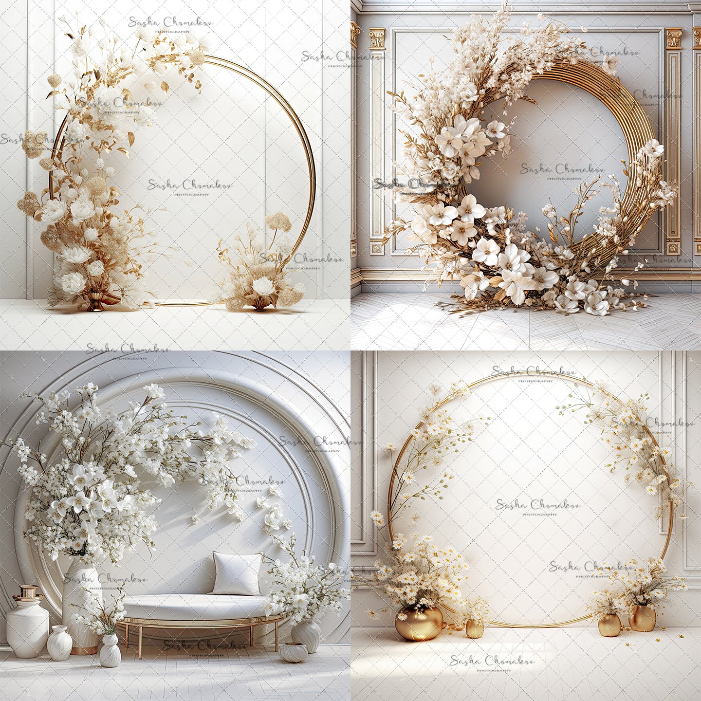 Digital Backdrops Ai generated mixed light white gold floral rings , wreaths