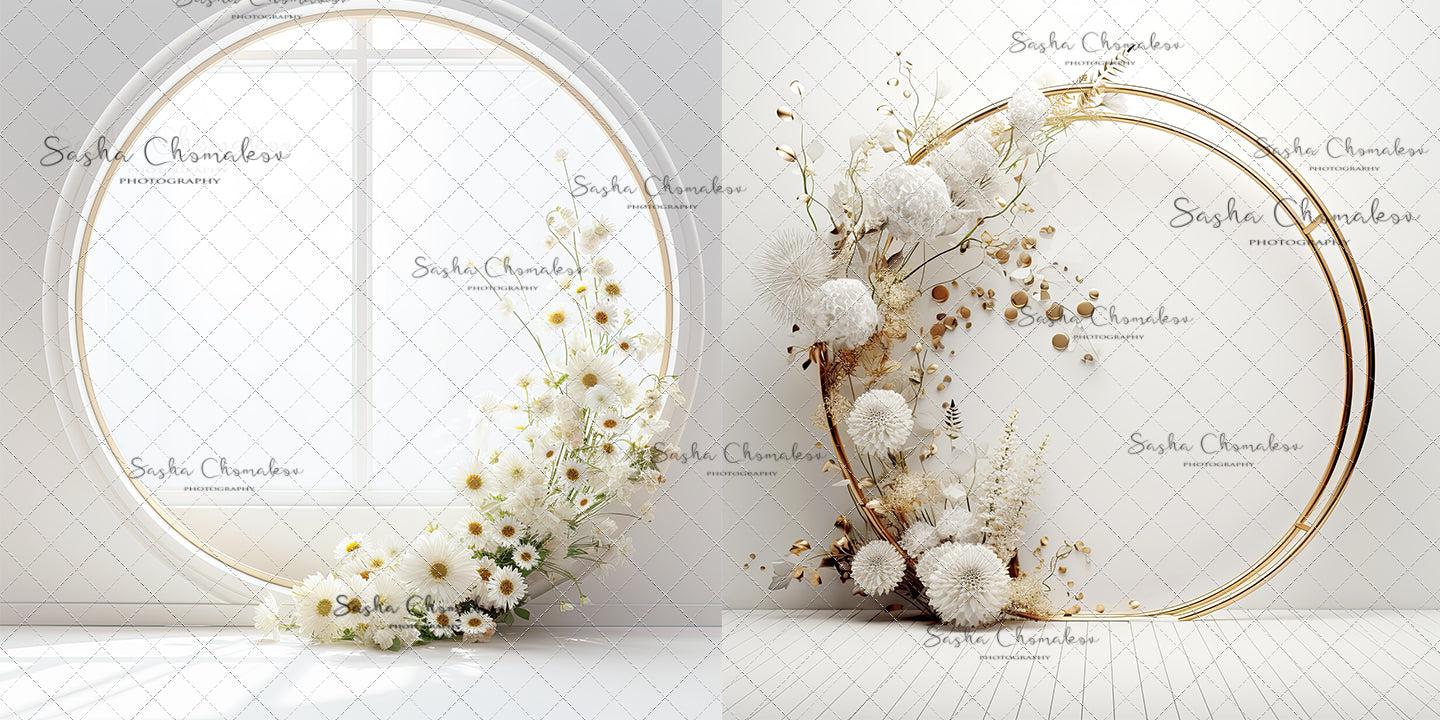 Digital Backdrops Ai generated mixed light white gold floral rings , wreaths