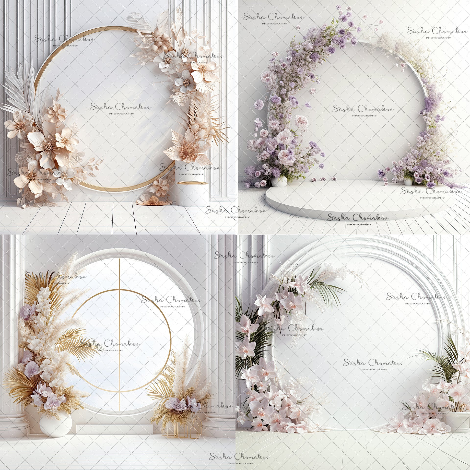 Digital Backdrops Ai generated boho mixed light white gold floral rings or windows , wreaths