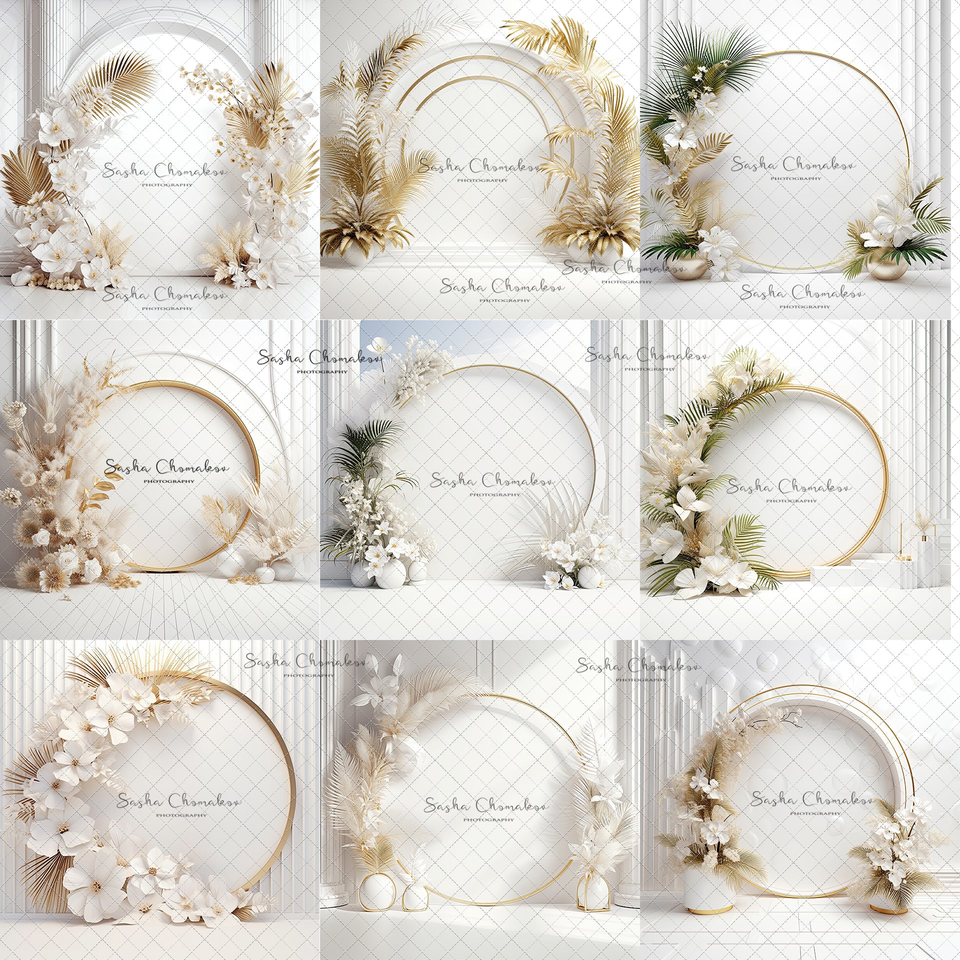 Digital Backdrops Ai generated boho side lit white gold floral rings , wreaths