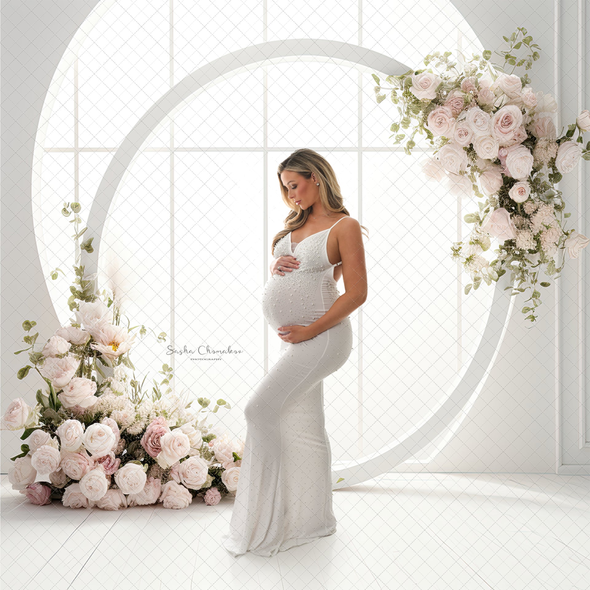 Digital Backdrops Ai generated boho mixed light white gold floral rings or windows , wreaths
