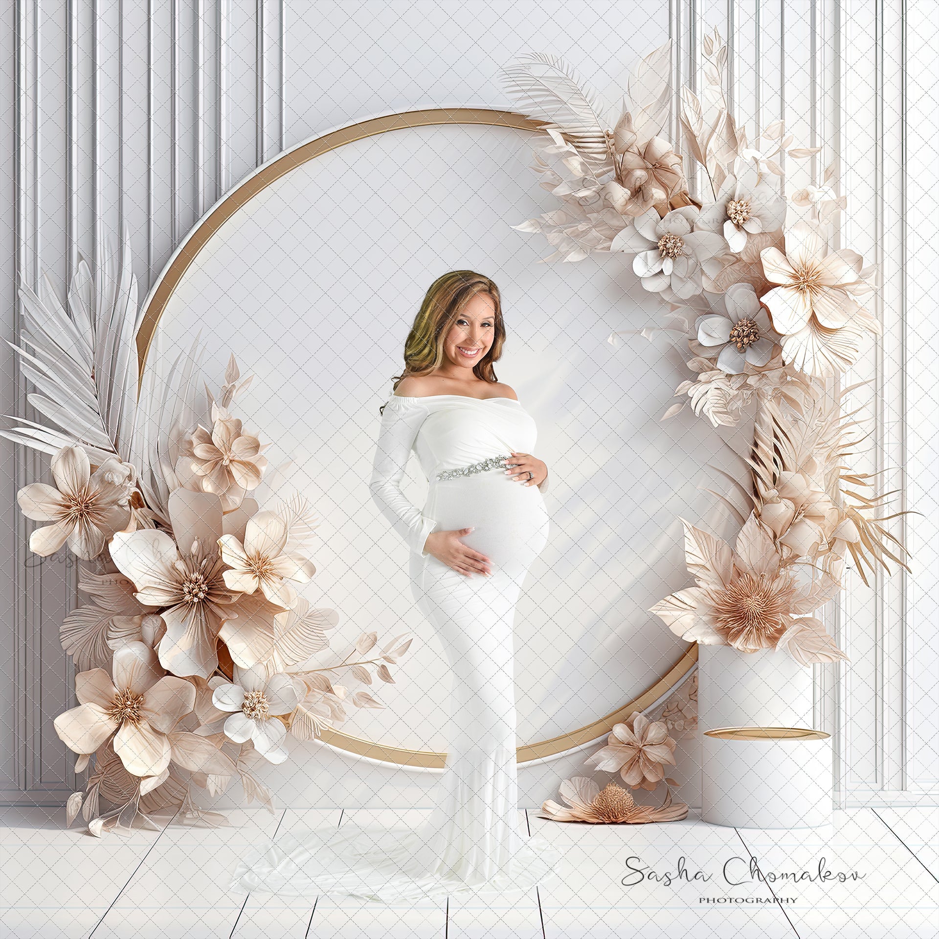Digital Backdrops Ai generated boho mixed light white gold floral rings or windows , wreaths