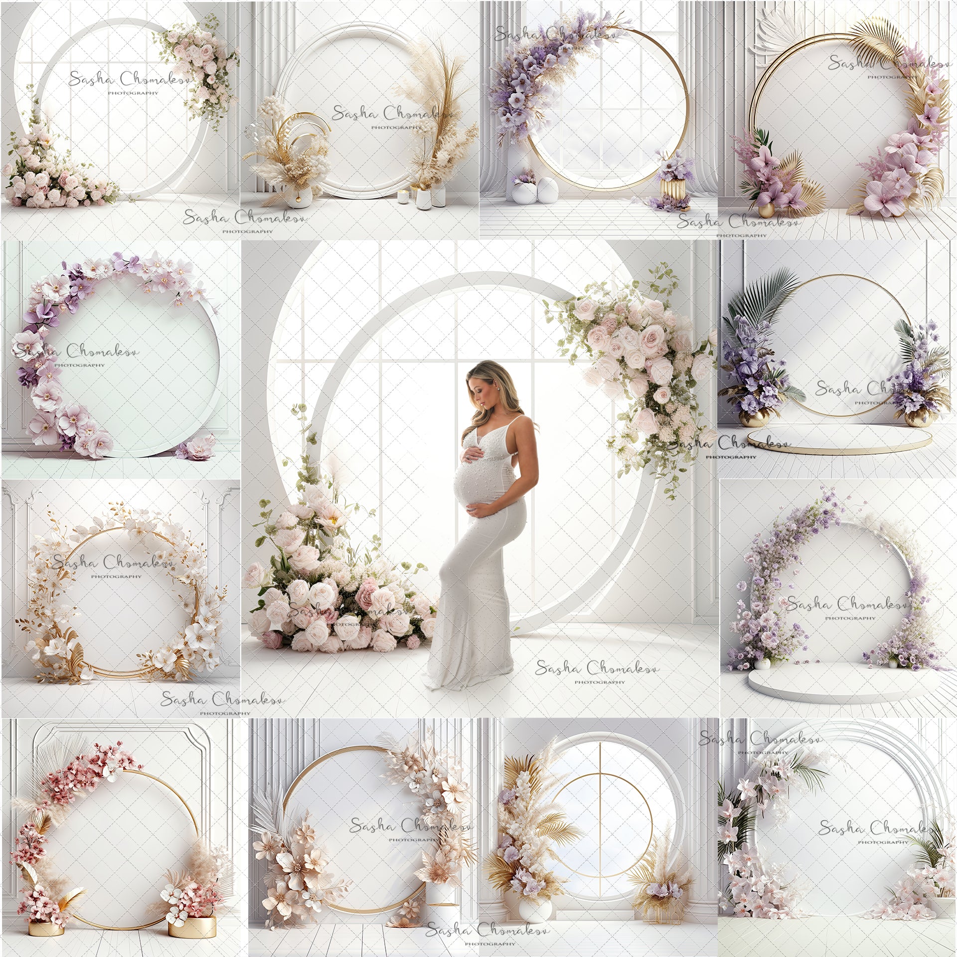 Digital Backdrops Ai generated boho mixed light white gold floral rings or windows , wreaths
