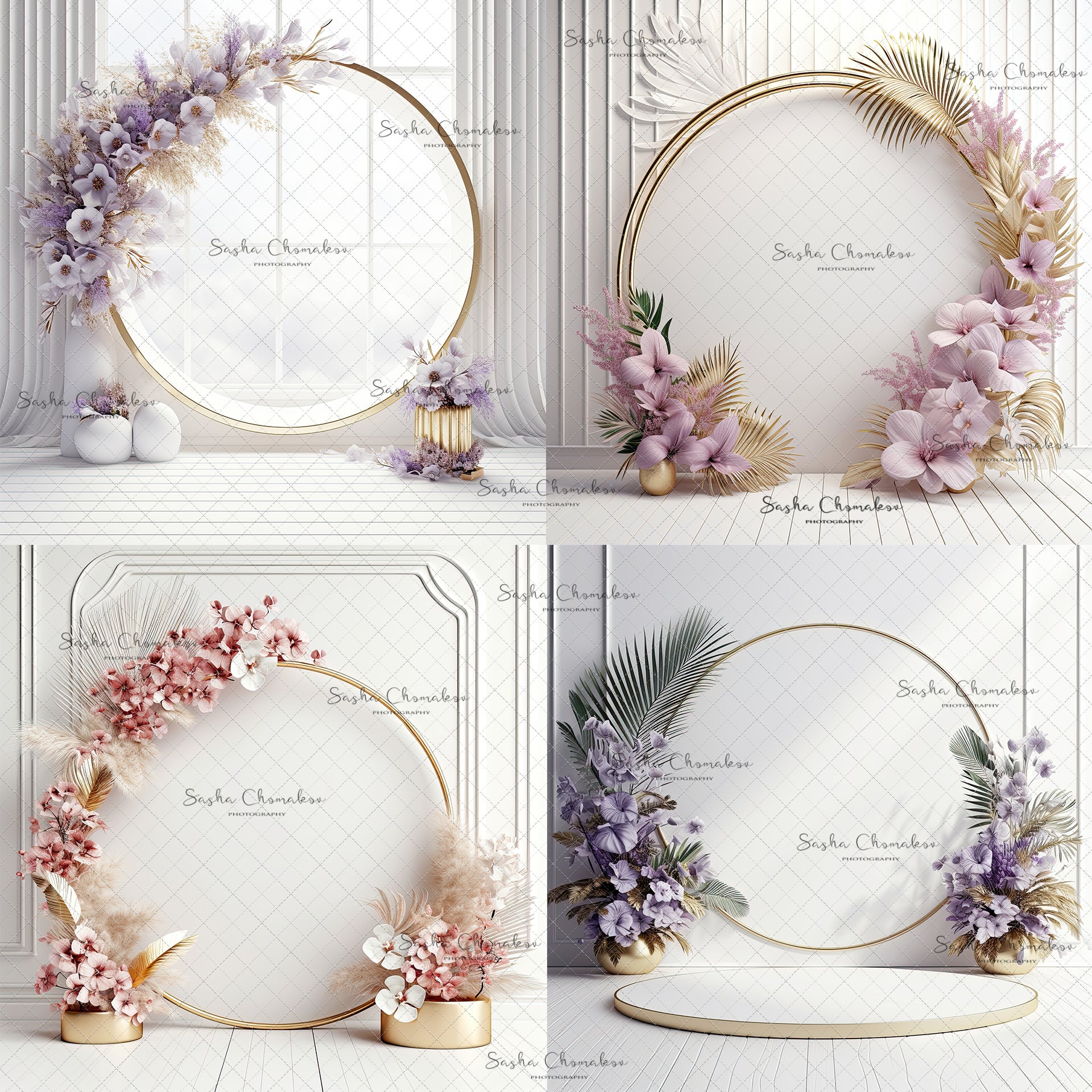Digital Backdrops Ai generated boho mixed light white gold floral rings or windows , wreaths