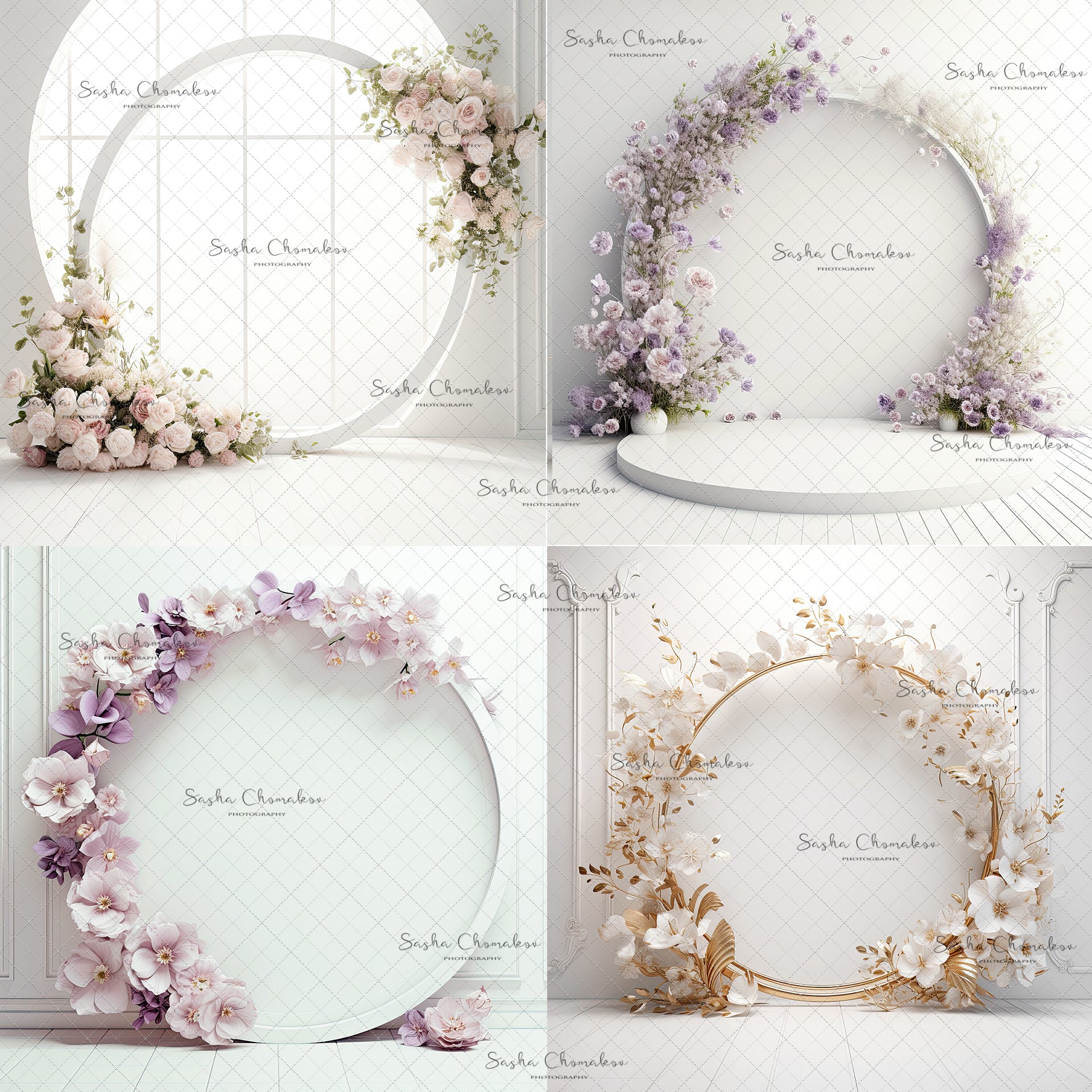 Digital Backdrops Ai generated boho mixed light white gold floral rings or windows , wreaths