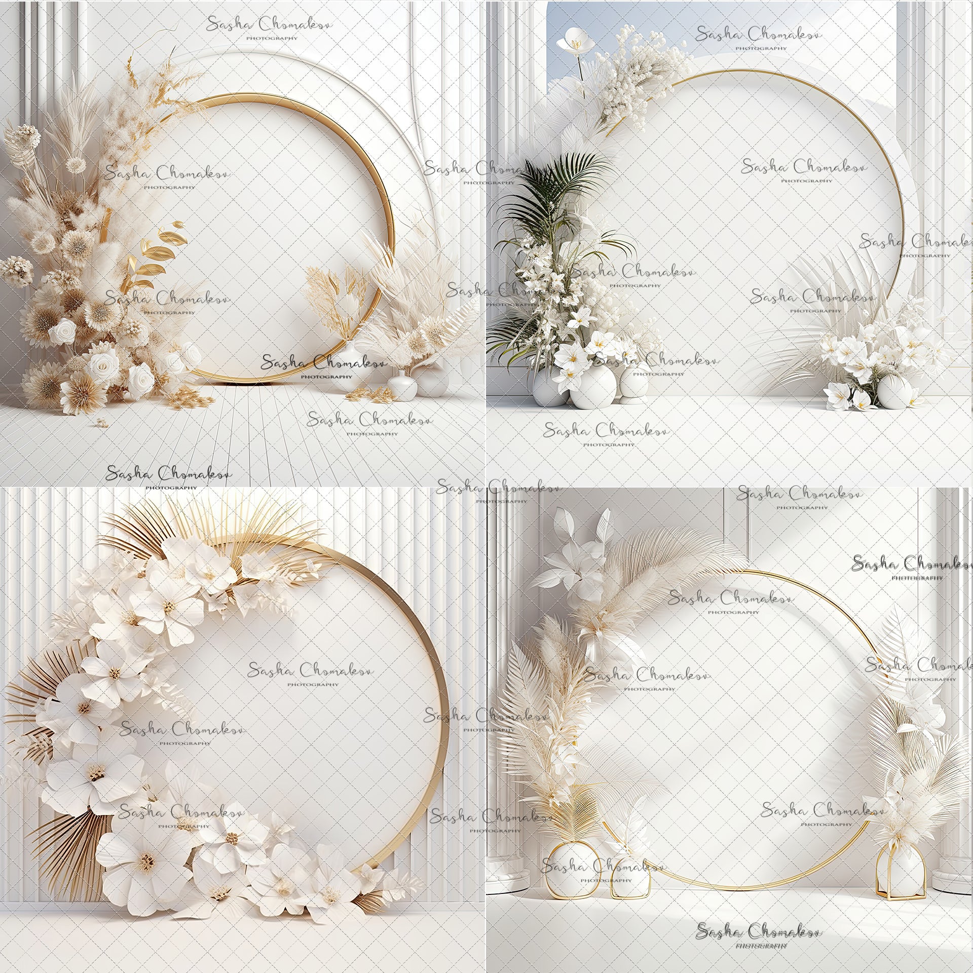 Digital Backdrops Ai generated boho side lit white gold floral rings , wreaths