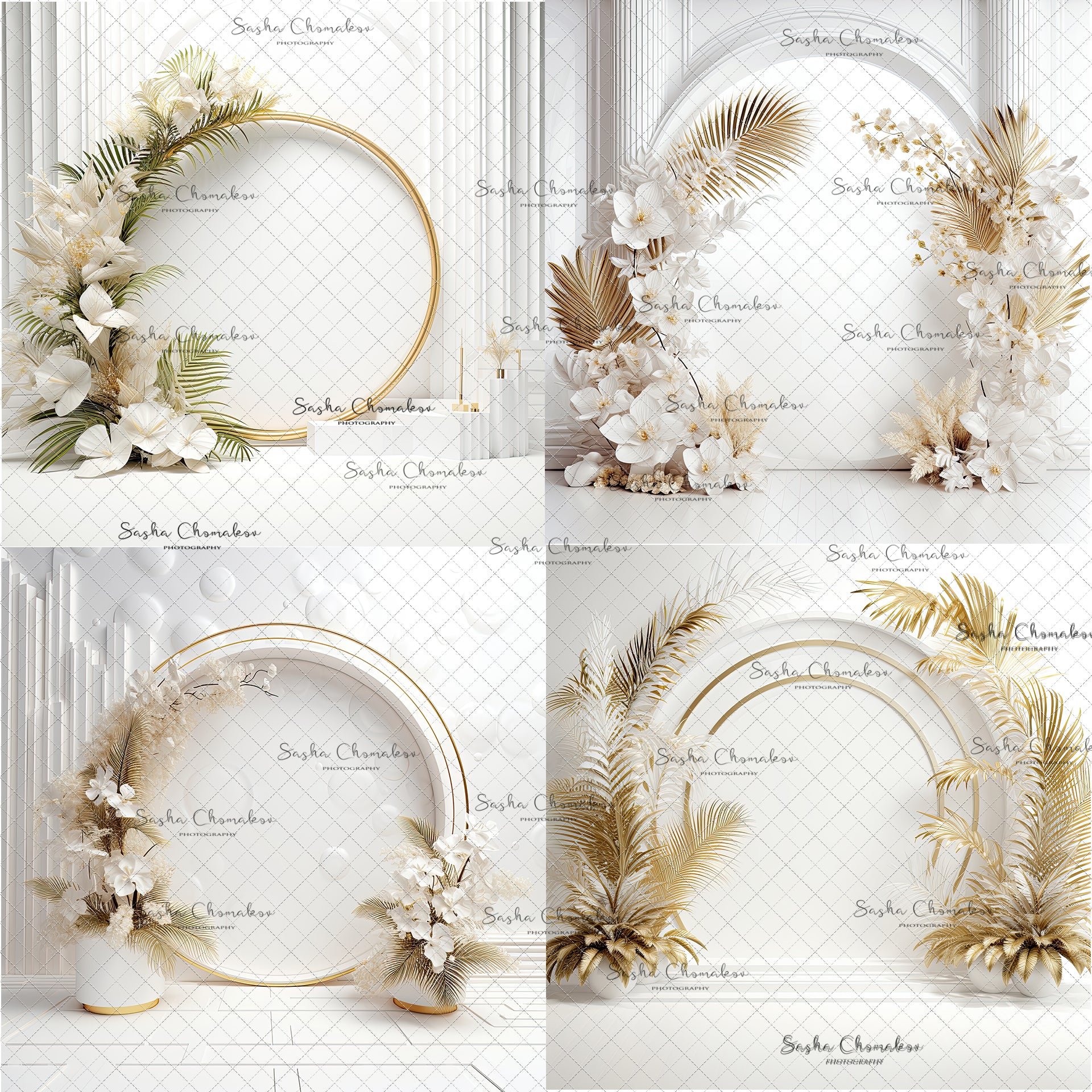 Digital Backdrops Ai generated boho side lit white gold floral rings , wreaths