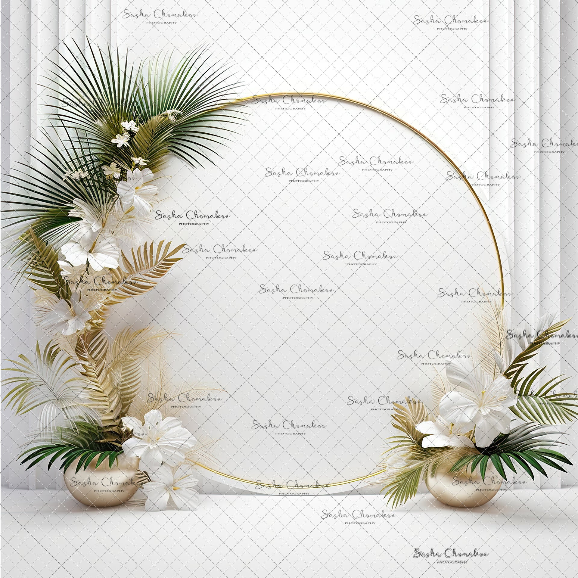 Digital Backdrops Ai generated boho side lit white gold floral rings , wreaths