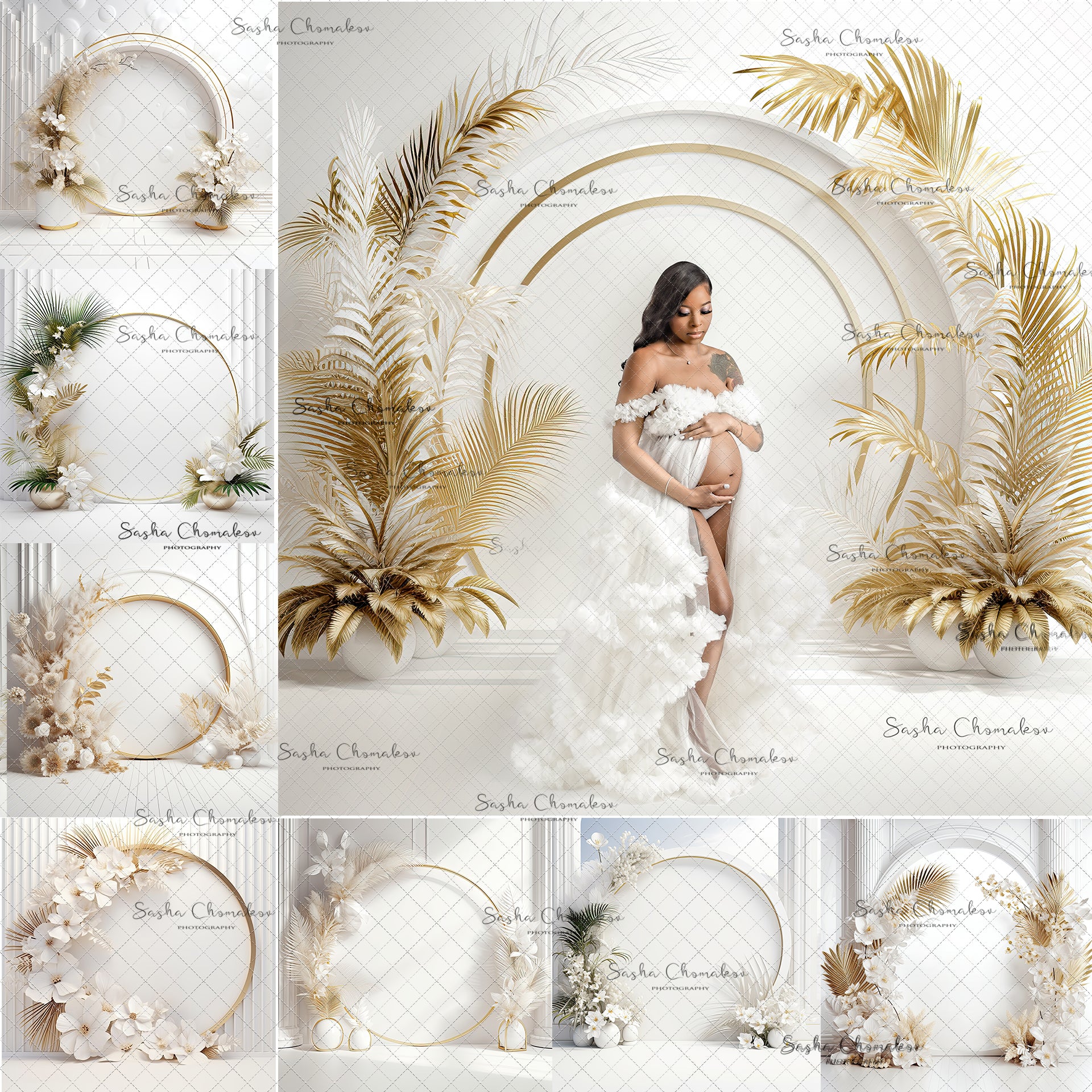Digital Backdrops Ai generated boho side lit white gold floral rings , wreaths