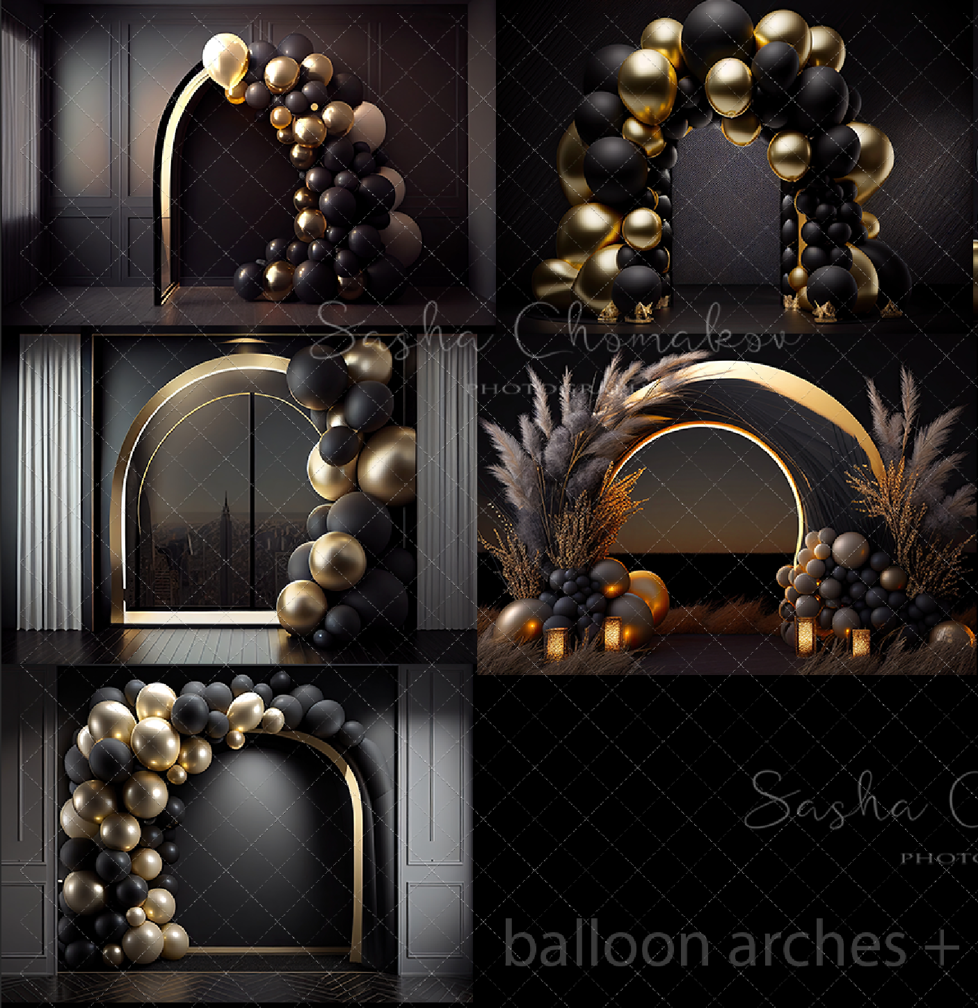 Backdrops black and gold balloons + boho set 2 Ai generated