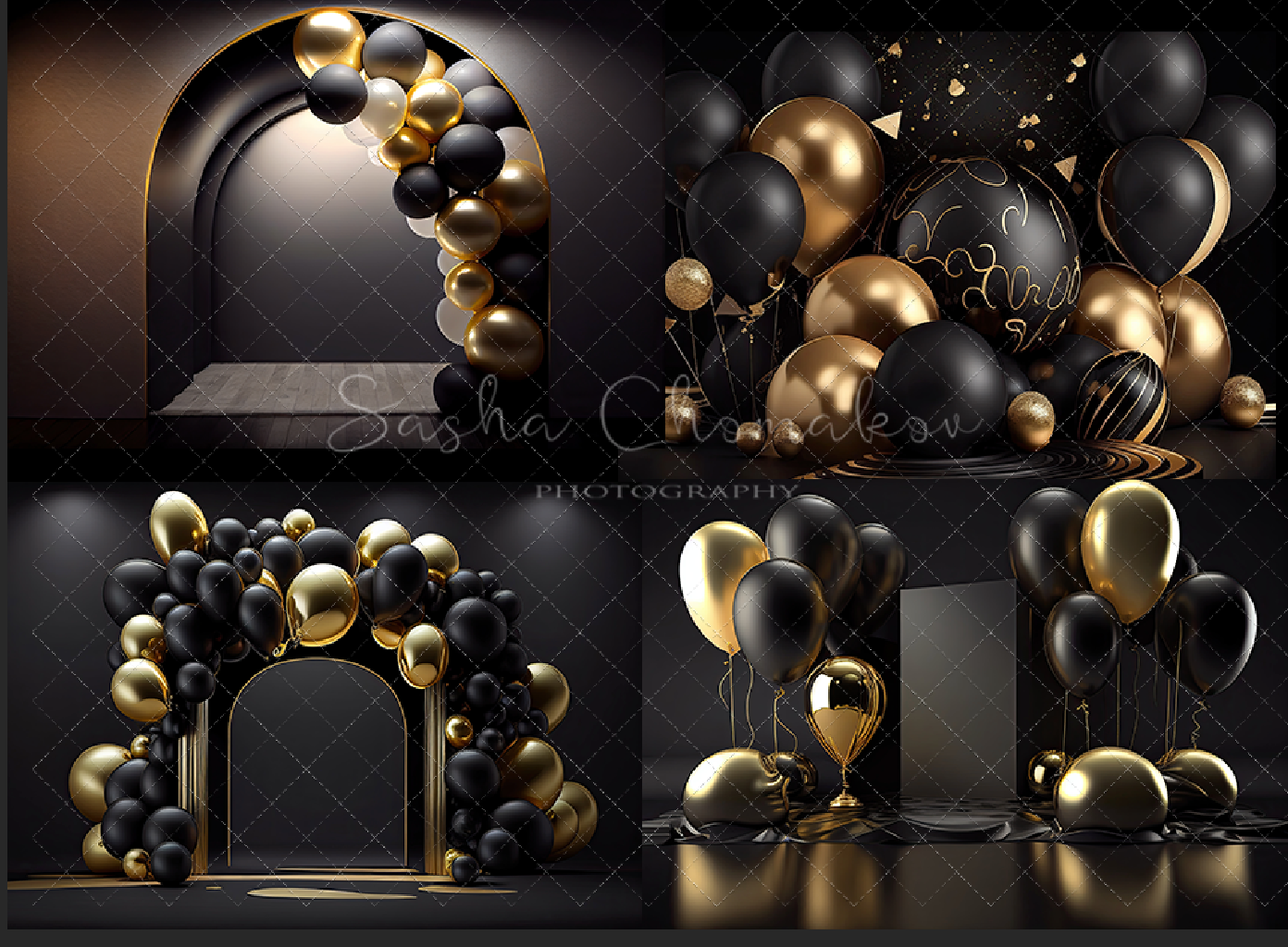 Backdrops black and gold balloons + boho set 2 Ai generated