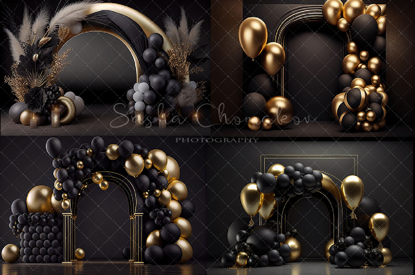 Backdrops black and gold balloons + boho set 2 Ai generated