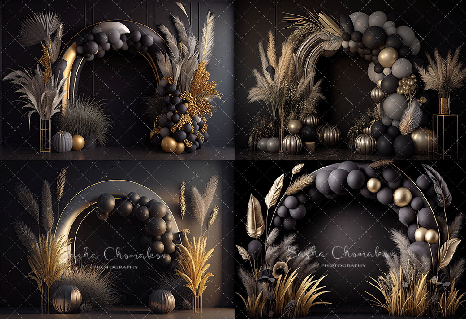 Backdrops black and gold balloons boho set 3 Ai generated