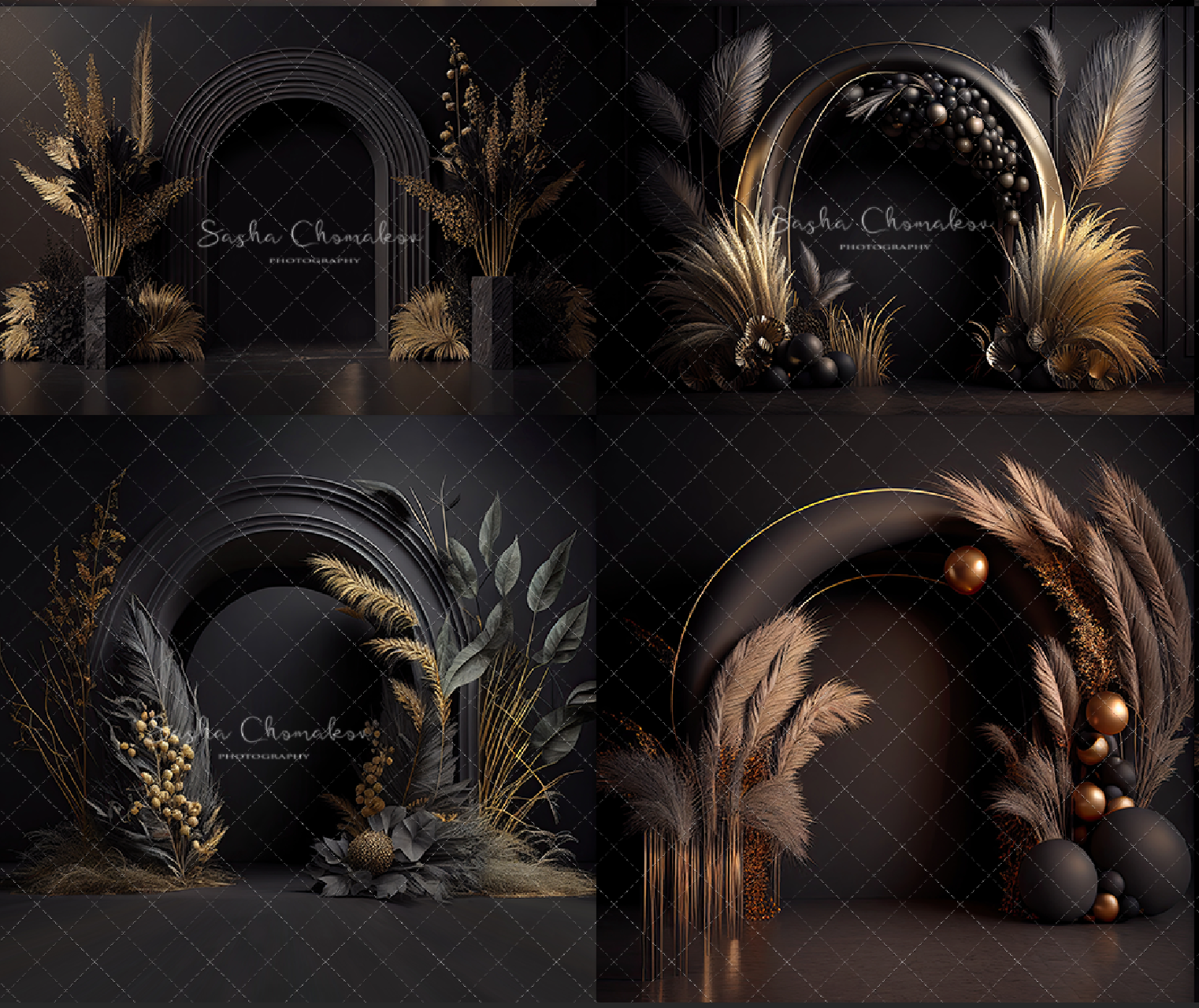 Backdrops black and gold balloons boho set 3 Ai generated