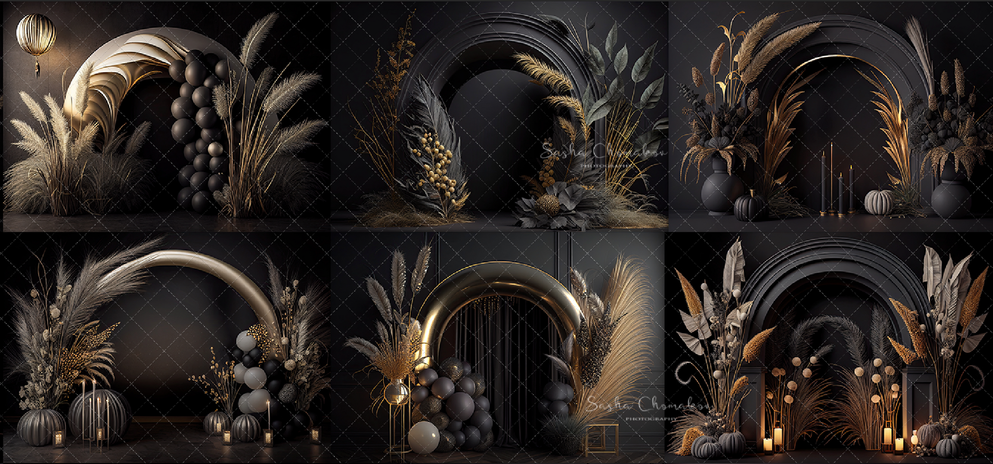 Backdrops black and gold balloons boho set 3 Ai generated