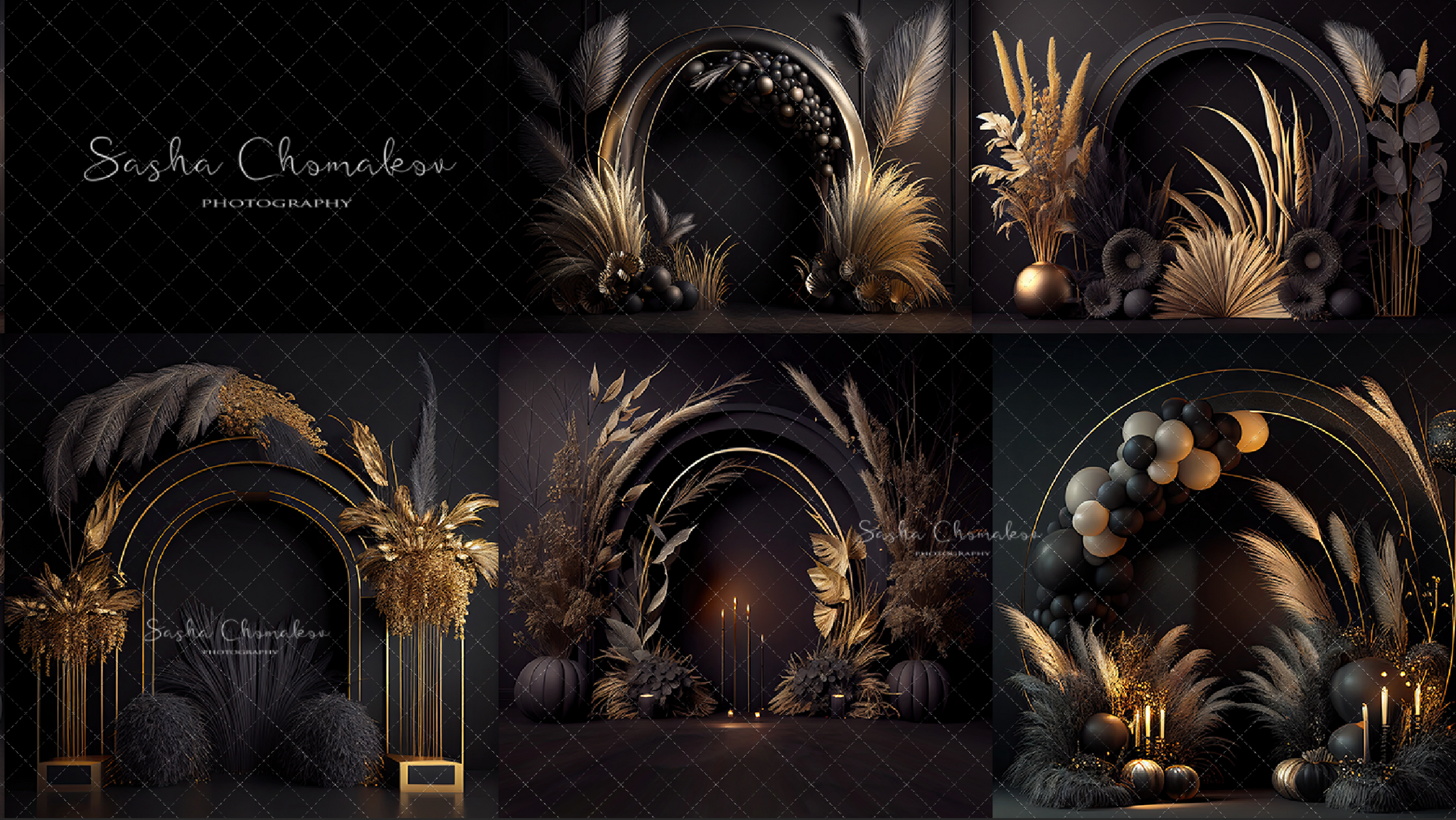 Backdrops black and gold balloons boho set 3 Ai generated