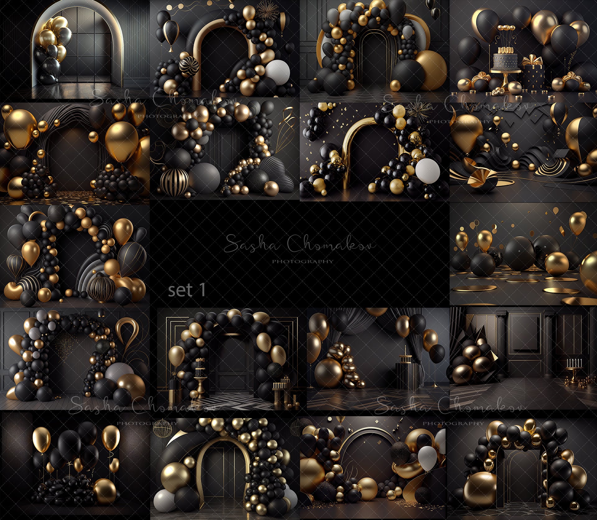 Backdrops black and gold balloons set 1 Ai generated