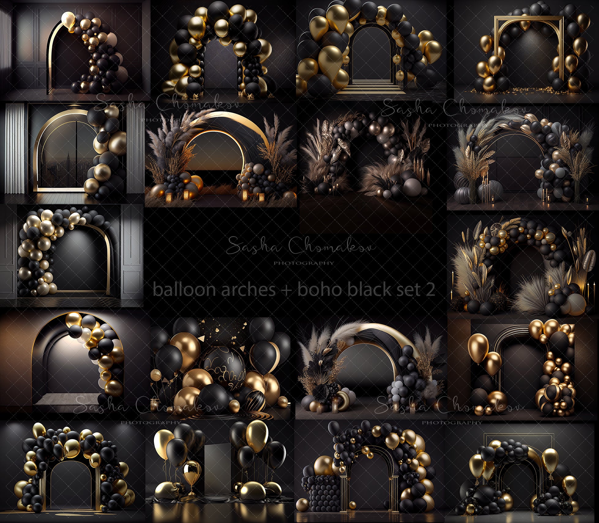 Backdrops black and gold balloons + boho set 2 Ai generated