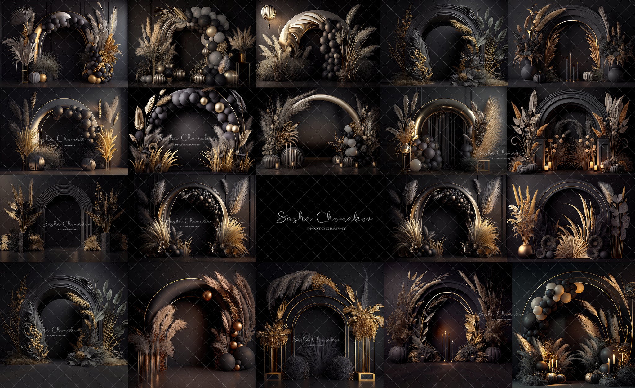 Backdrops black and gold balloons boho set 3 Ai generated