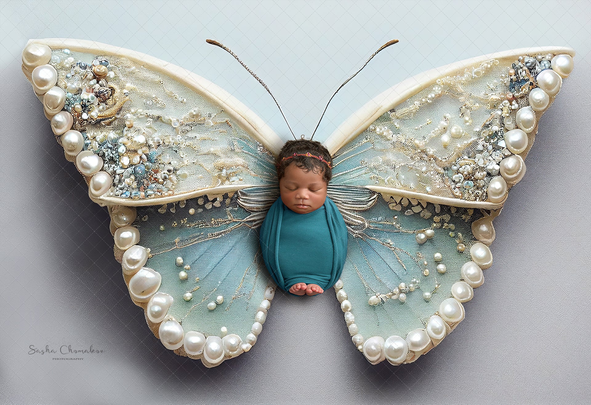 Backdrop butterflies light blue Ai generated